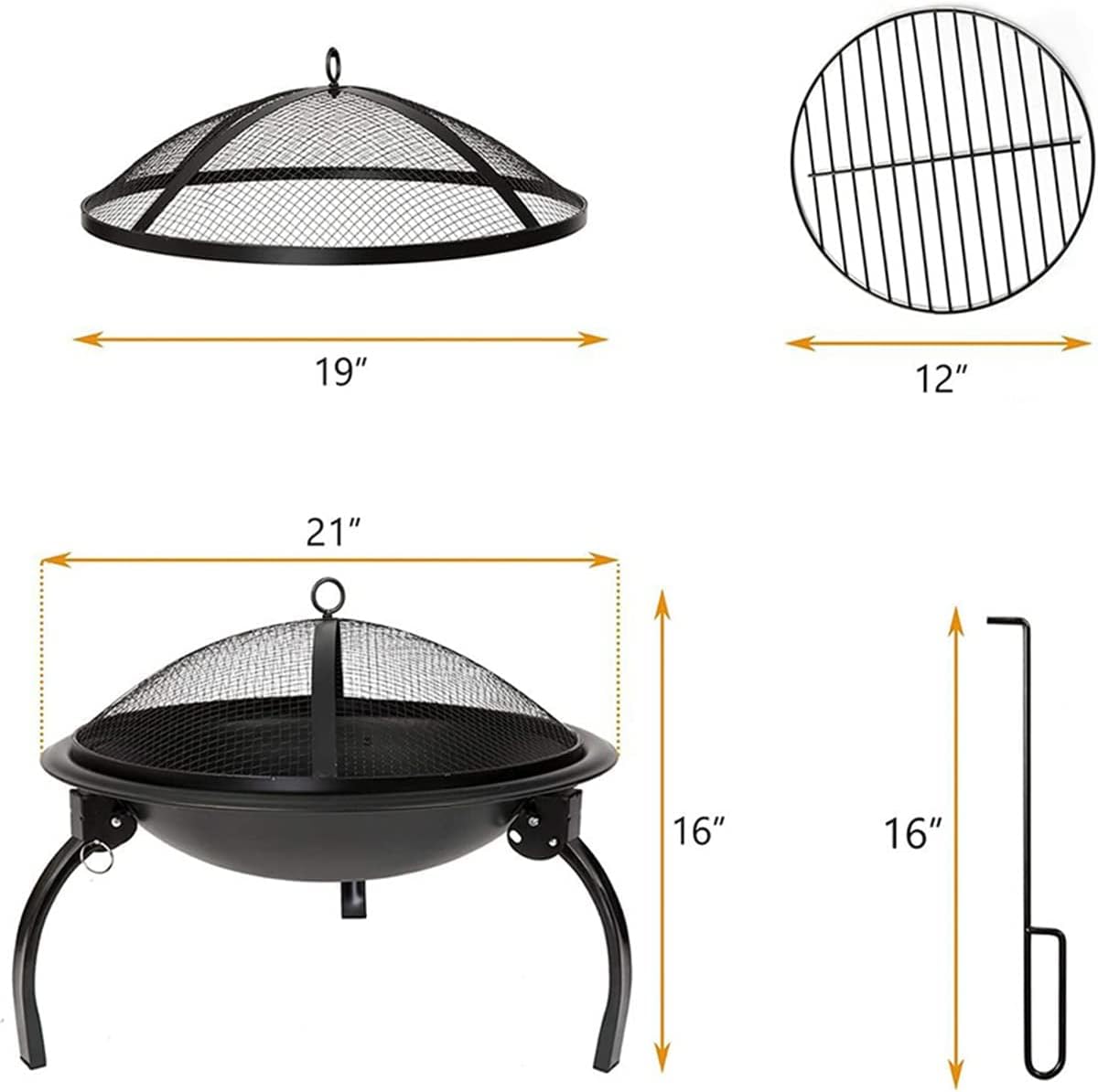 Fire Pit Fire Pit, 21'' Outdoor Patio Steel Fire Pit Wood Burning BBQ Grill Firepit Bowl with Round Mesh Spark Screen Cover Fire Poker