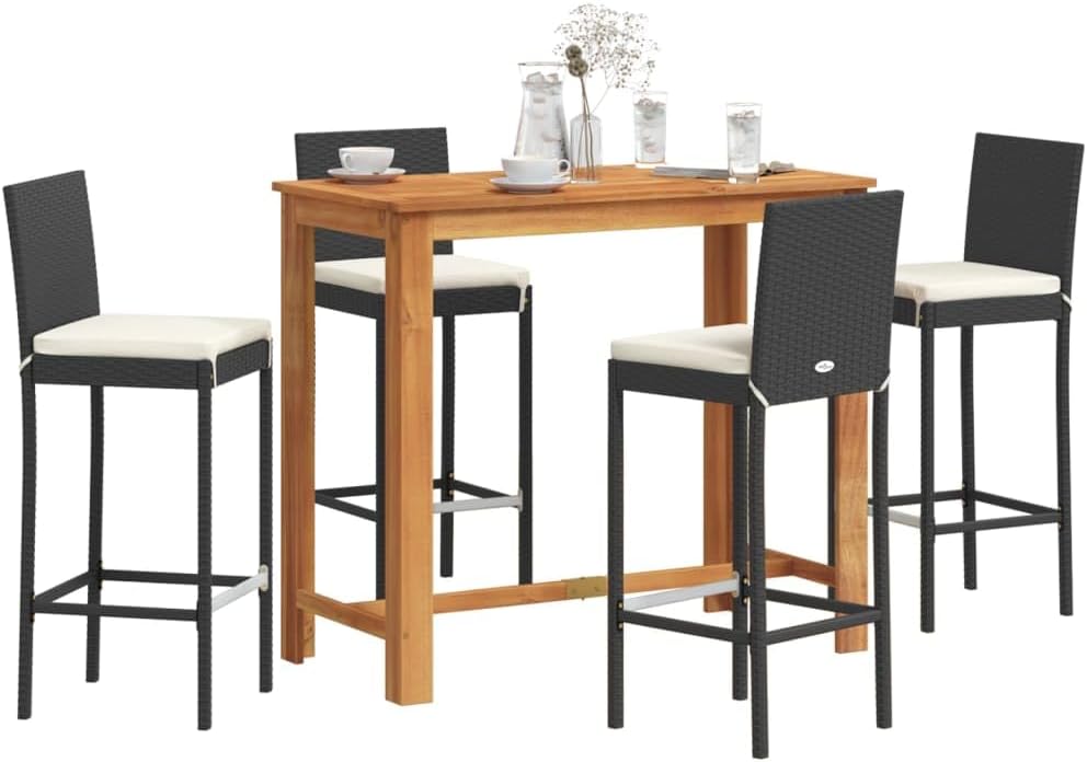 5 Piece Patio Bar Set Black Solid Wood Acacia and Poly Rattan,Modern Outdoor Bar Set with Durable Rattan Stools and Solid Wood Table Furniture Sets for Patio, Lawn & Garden