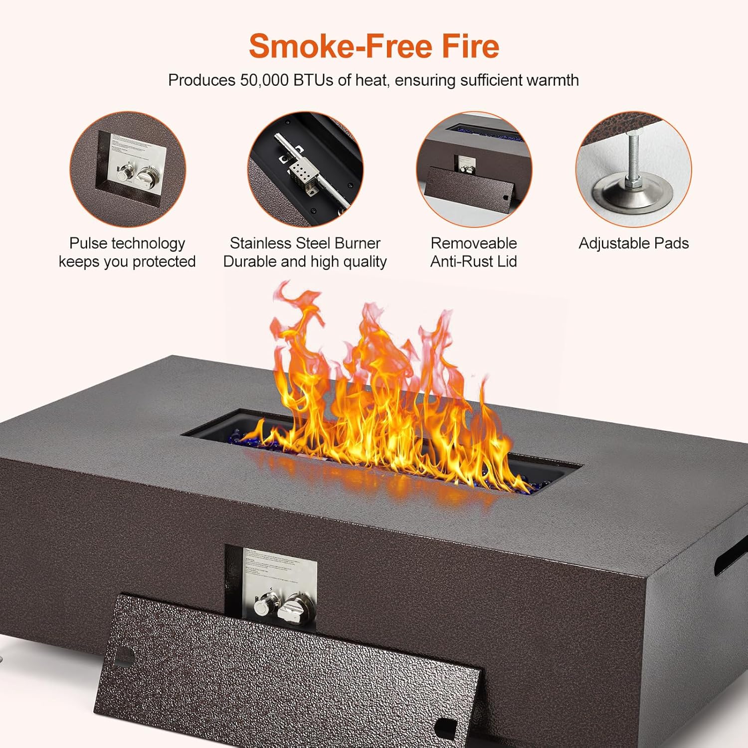 48 in Outdoor Fire Table, 48 in Rectangle Propane Gas Fire Pit Table, 50,000 BTU Modern Firepit with 16 in Tank Cover Side Table, Wind Guard, Fire Glass, Rain Cover, Antique Bronze
