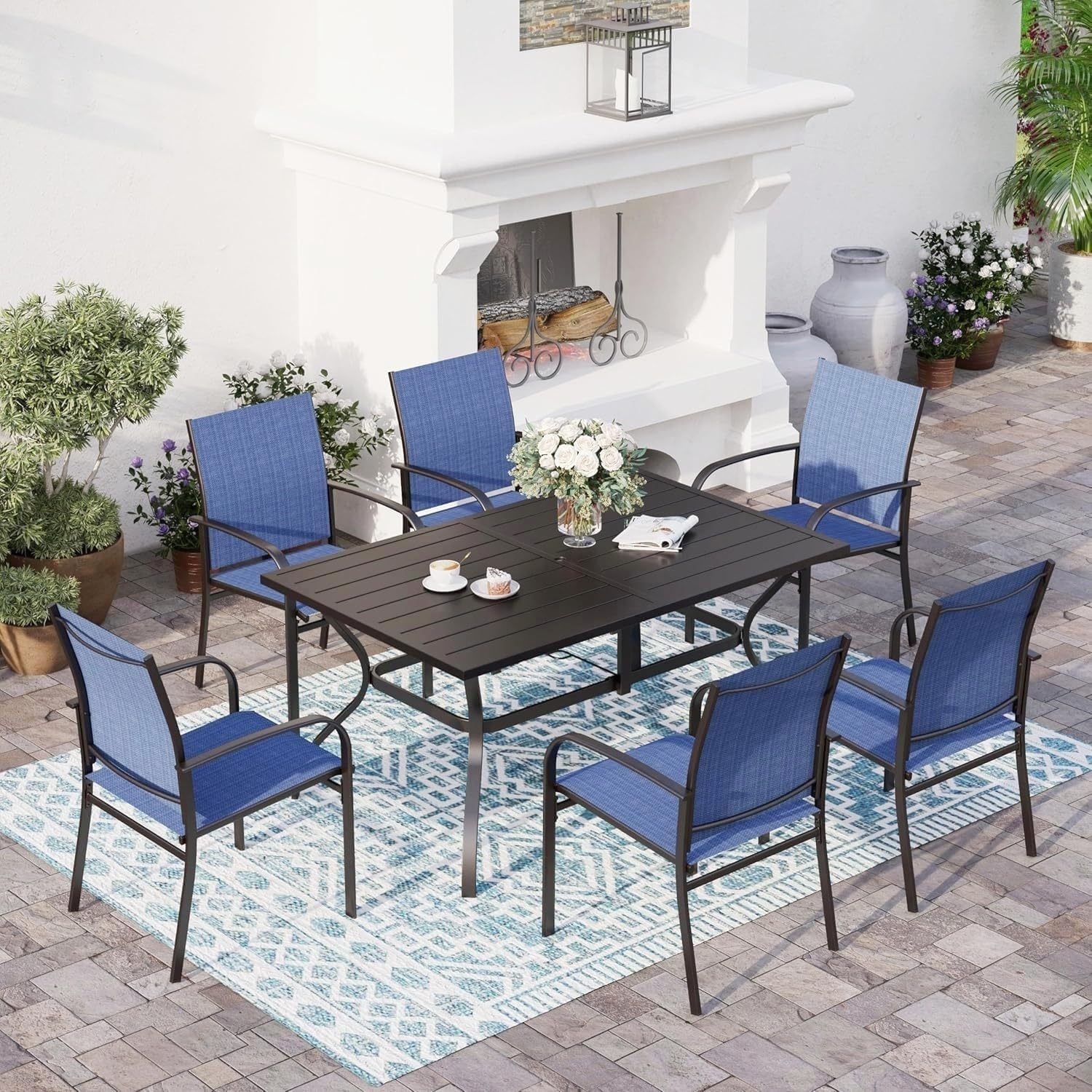 7 Piece Patio Dining Set for 6, Rectangular Metal Dining Table with Umbrella Hole and 6 Chairs, Outdoor Table and Chairs Set for Lawn Backyard and Deck, Blue