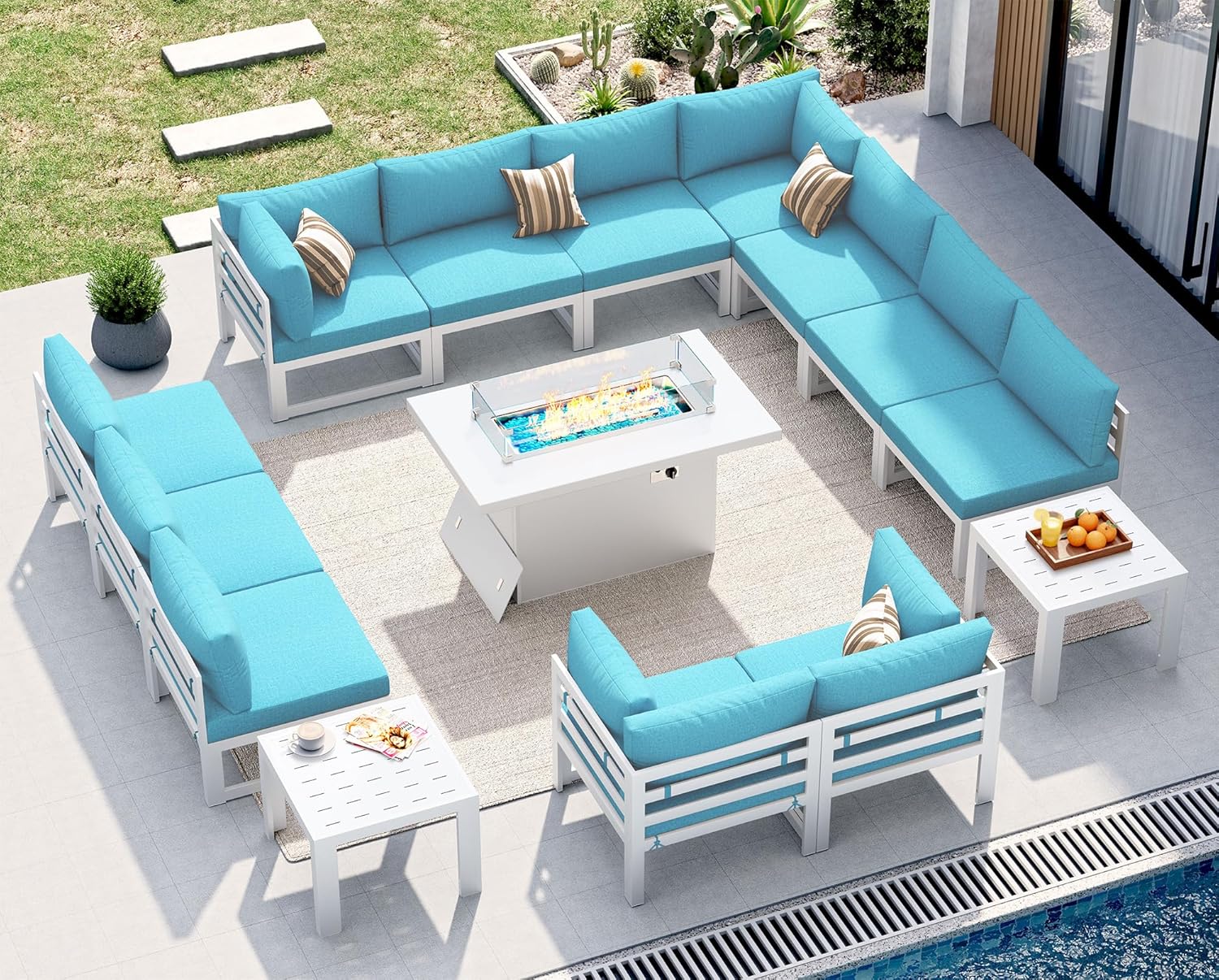 NICESOUL 12 People Large Luxury Aluminum Outdoor Sectional Sofa with Fire Pit & Side Table, L Shaped Modular Patio Furniture Set, 500 lbs Heavy Duty Conversation Couch for Poolside Lawn, Turquoise