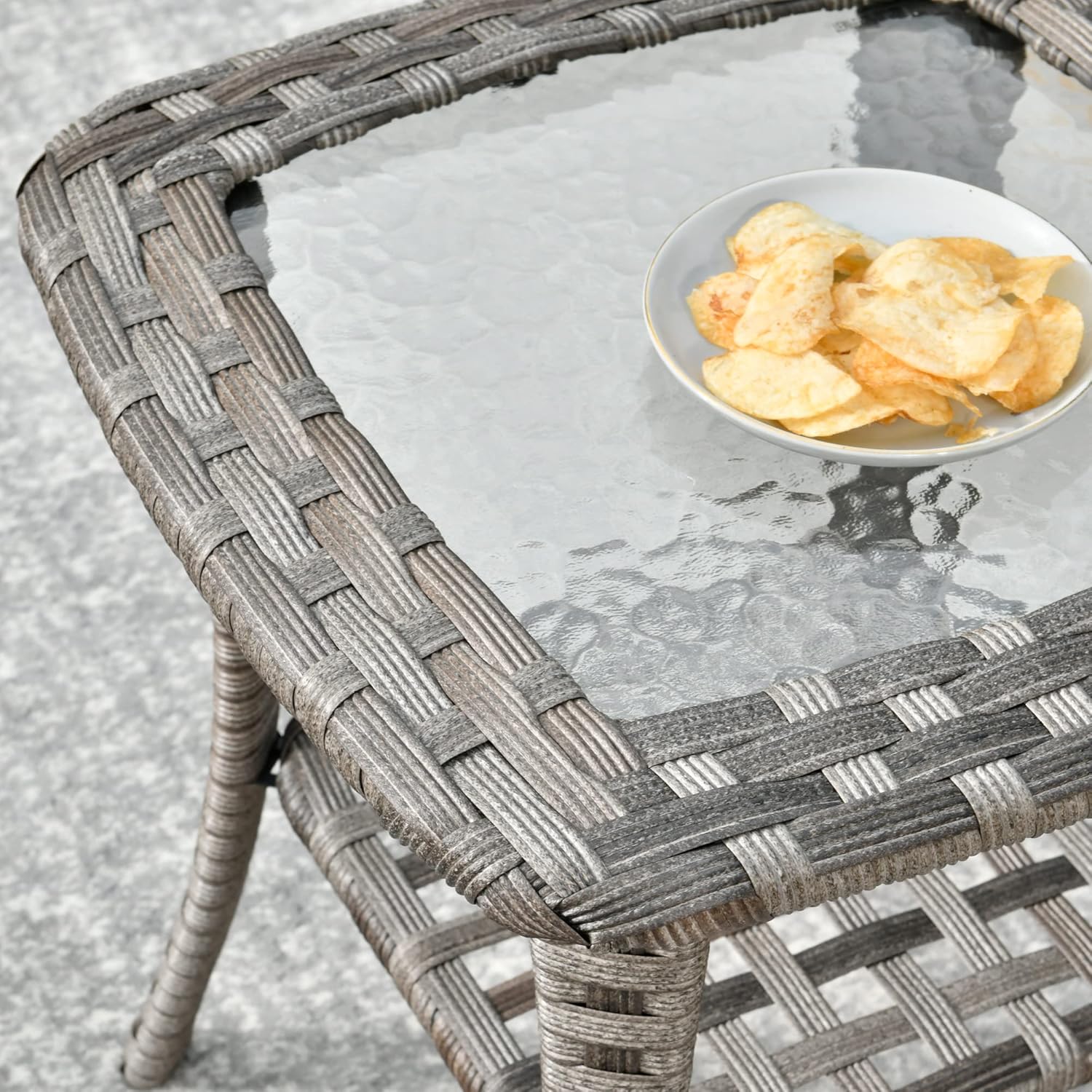 HOOOWOOO Small Square Patio Side Table with Glass Top and 2 Layers Storage