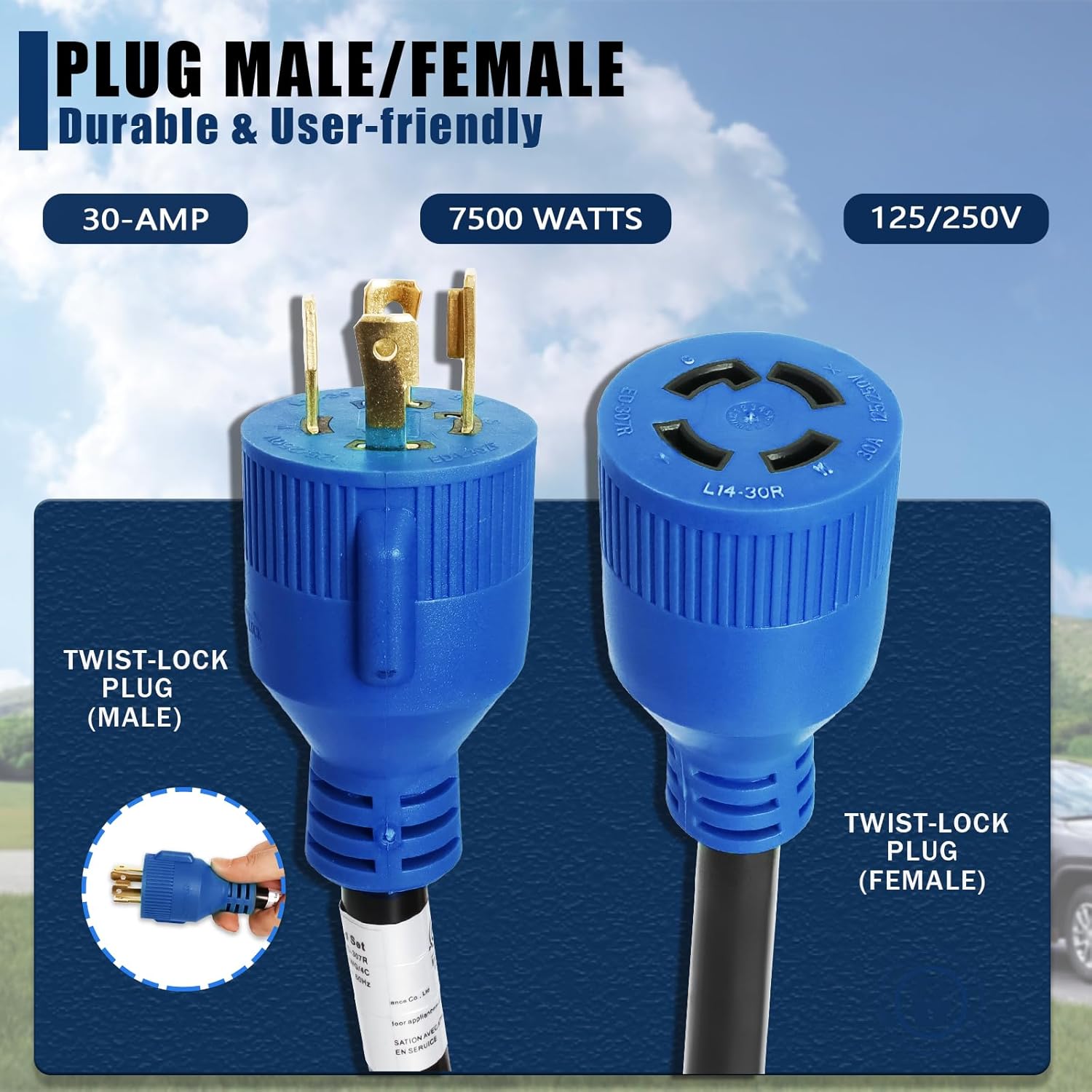 30 Amp Generator Cord and Power Inlet Box, 35 Ft SJTW 4X10AWG Generator Power Extension Cord 4 Prong Blue NEMA L14-30P to L14-30R 125V, 7500W Generator Power Inlet Organizer Combo Kit ETL Listed