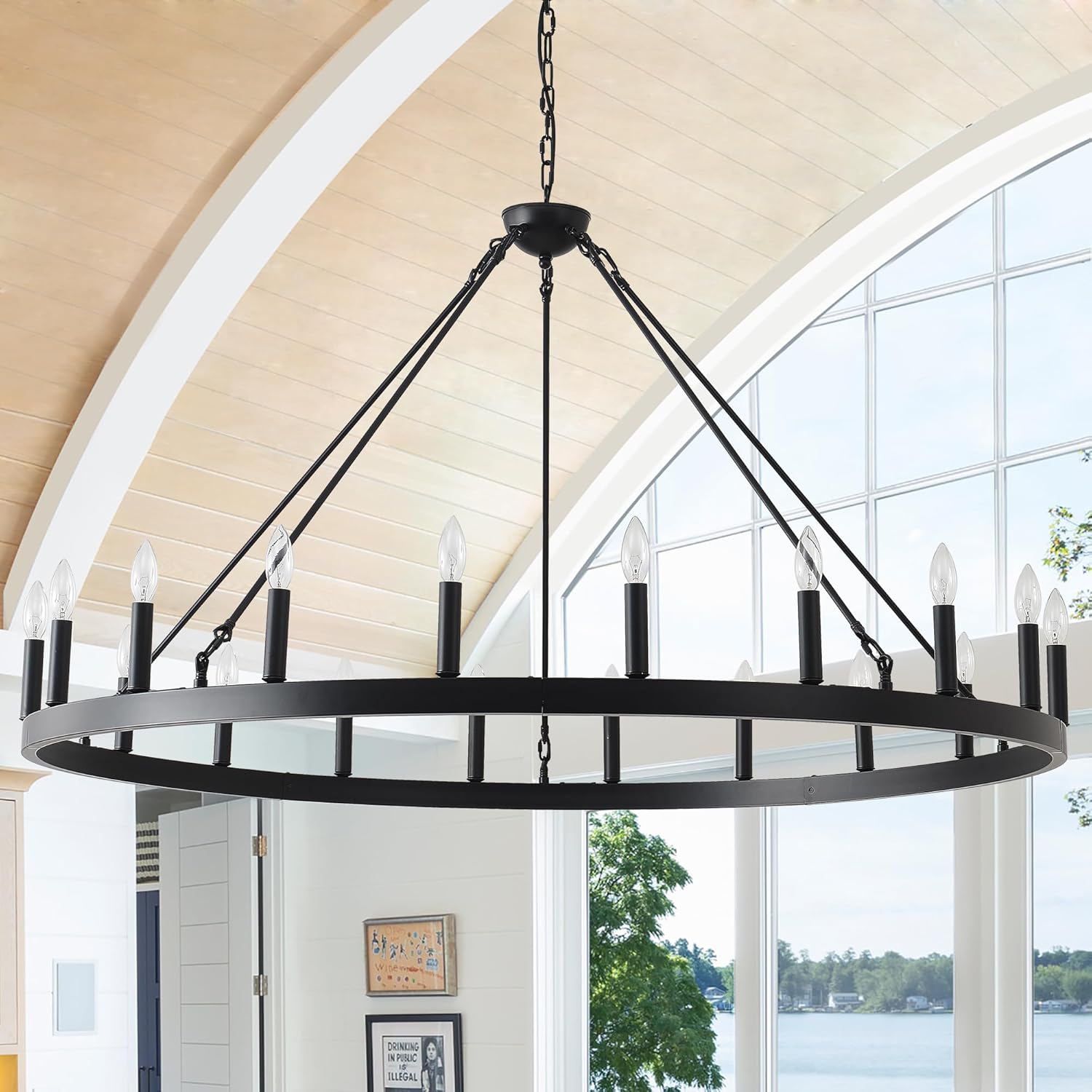 53 Inch Black Extra Large Wagon Wheel Chandelier, 20-Lights Farmhouse Industrial Round High Ceiling Pendant Light Adjustable Chain for Outdoor Porch,Foyer,Dining Room, Living Room