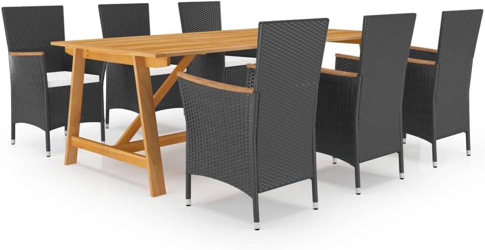 Large Ergonomic Outdoor Dining Set, Black Solid Acacia Wood, 7-Piece Patio Furniture with Cushions, Weather-Resistant for Garden & Terrace