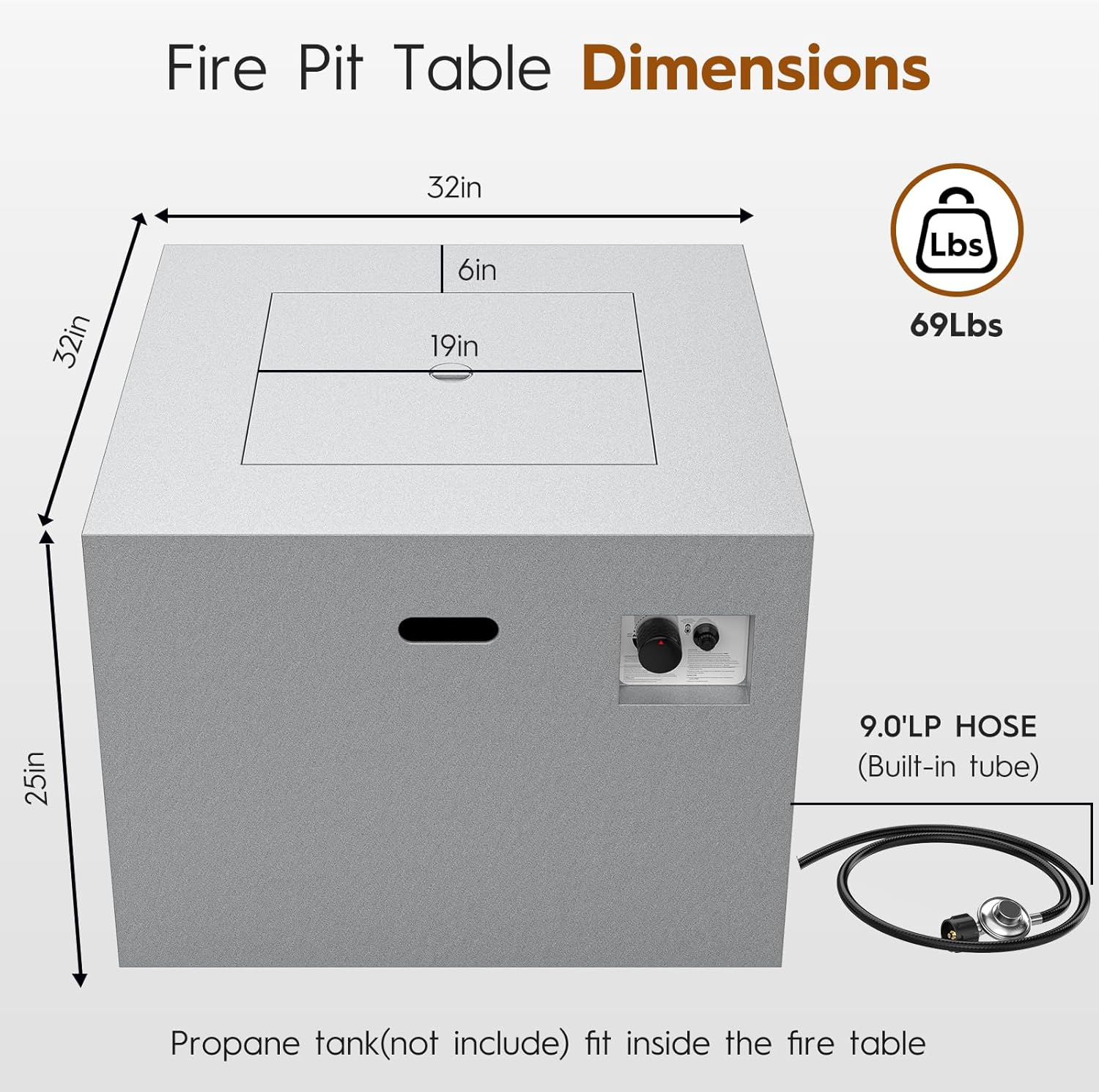 32 Inch Outdoor Fire Pit Table, 50,000 BTU Square Propane Fire Pit with Lid, Lava Rocks, Weatherproof Cover, Alloy Steel Gas Fire Pits for Outside Patio, CSA Certified, Gray