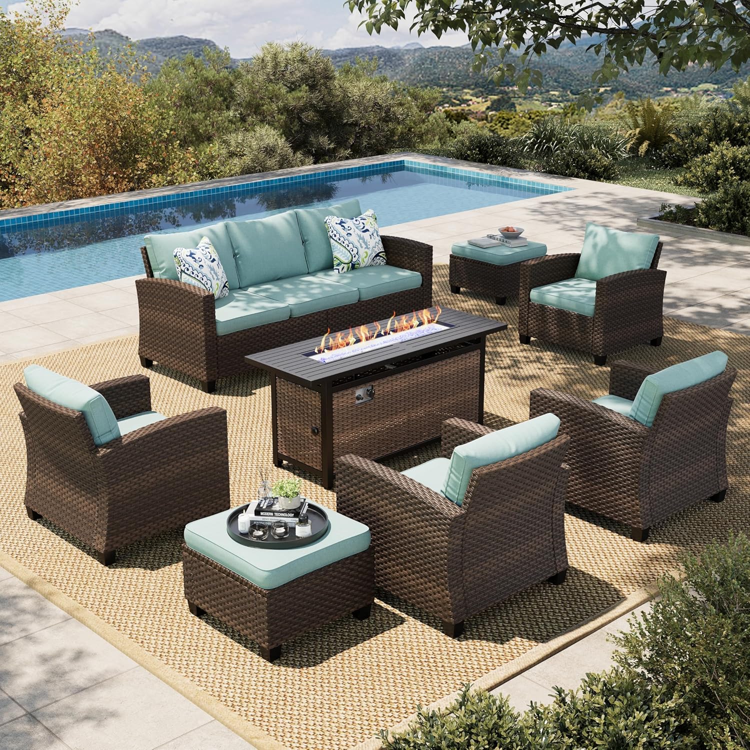 HERA'S HOUSE Patio Furniture Set with Fire Pit Table, Outdoor Wicker Furniture, All Weather Deep Seating Conversation Sofa Set, Brown Rattan Chairs for Deck Backyard, Blue