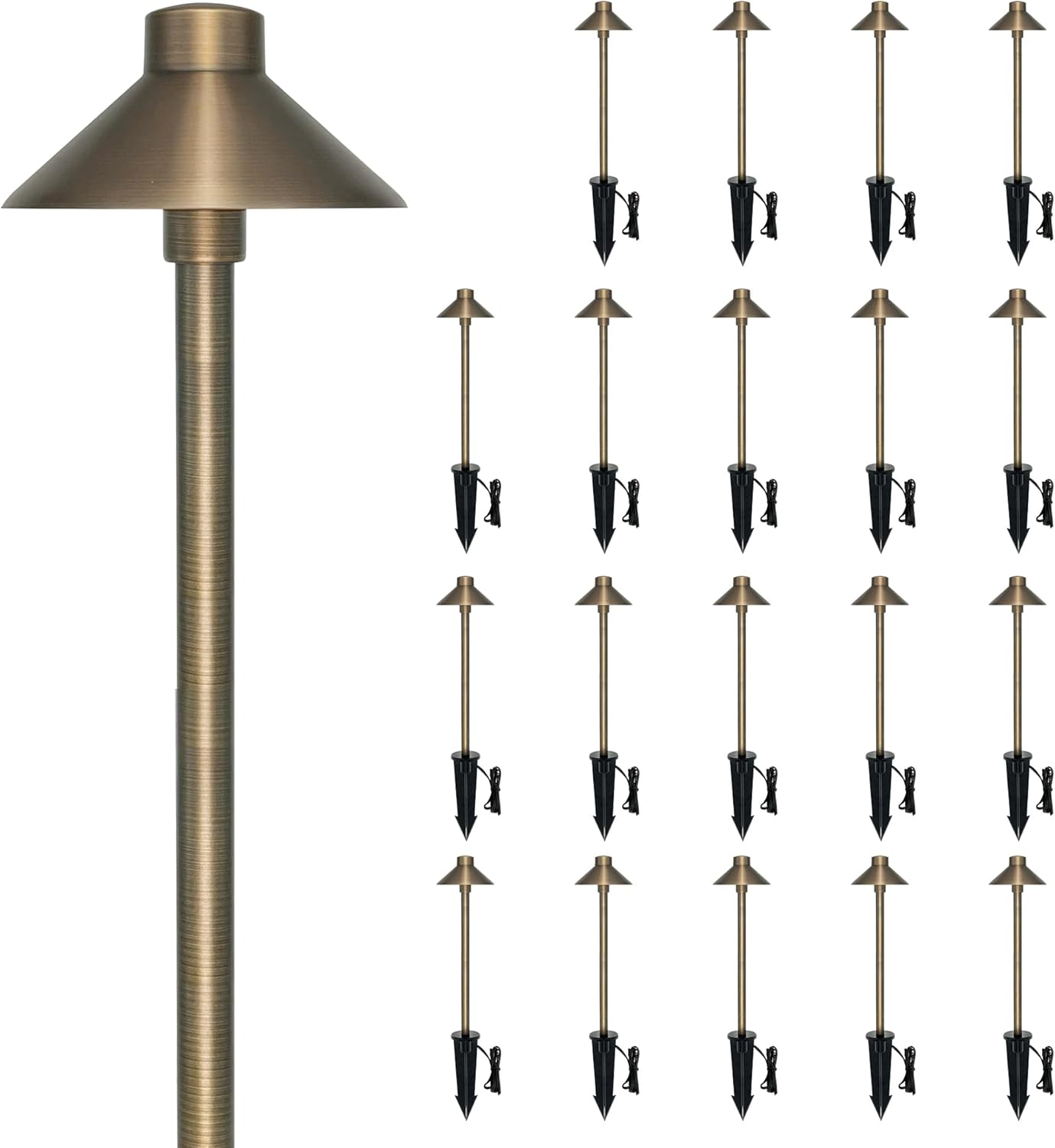 GKOLED Solid Brass Pathway Lights, Low Voltage LED Landscape Path Light, Outdoor Waterproof Accent Lighting, 12V AC/DC, 2700K Warm White, with 3W G4 LED Bulb & Large Rugged Slot Spike, 20 Pack