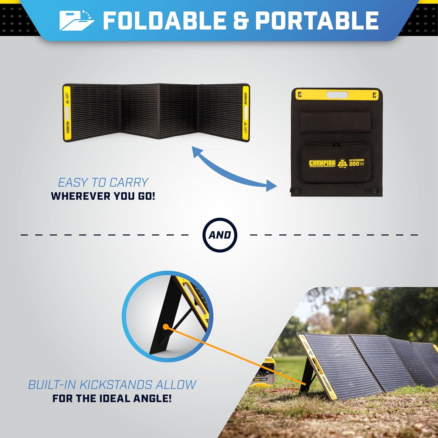Champion Power Equipment 201247 200-Watt Portable Foldable Solar Panels with Extension Cable and Kickstand