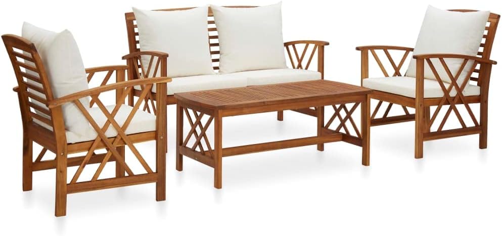 Furniture Sets 4 Piece Patio Lounge Set with Cushions Solid Acacia Wood,Acacia Wood Patio Lounge Set with Cream White Cushions for Outdoor Garden Relaxation Garden Conversation Sets