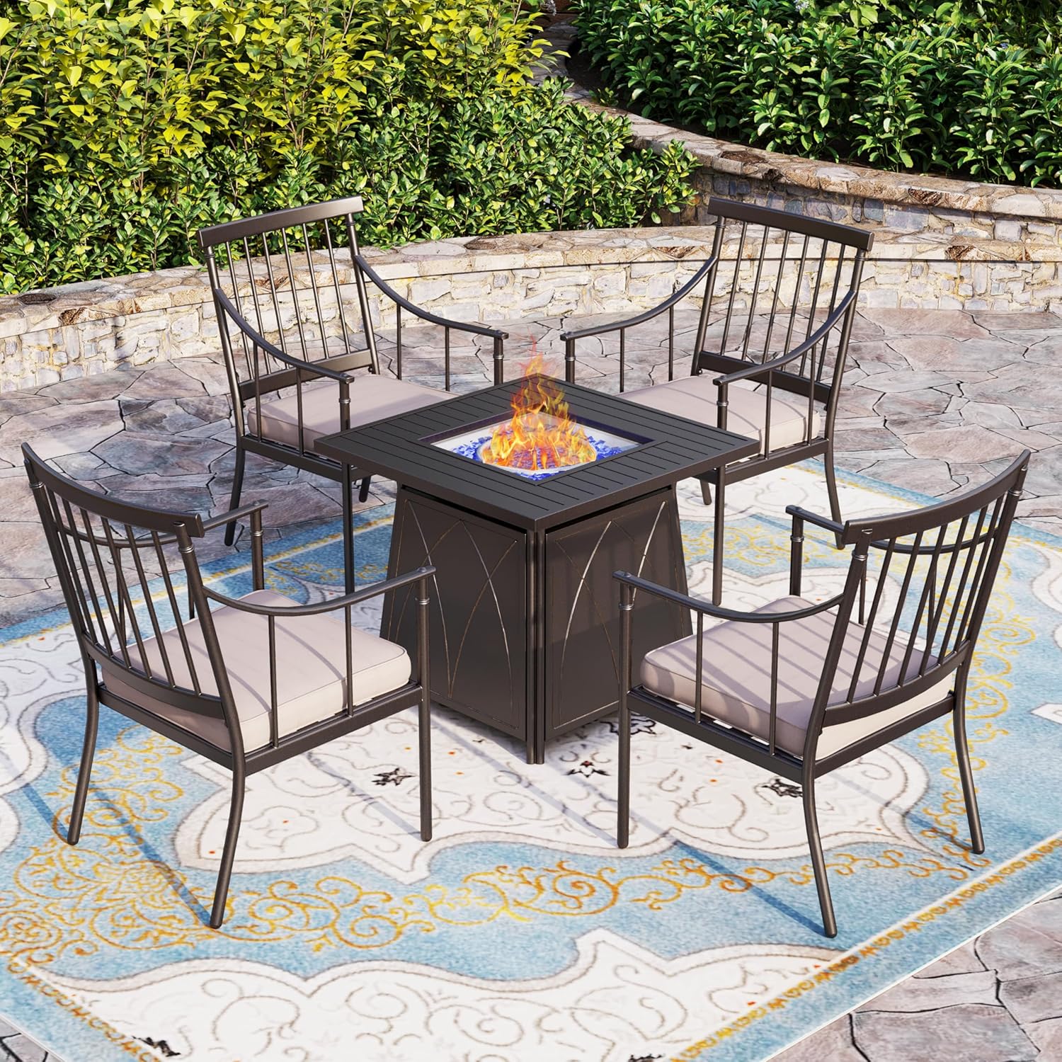 Sophia & William 5 Pieces Outdoor Dining Set with Fire Pit Table, Outdoor Patio Furniture Conversation Set with 4 Chairs & 50,000 BTU Square Propane Firepit Table for Porch Deck