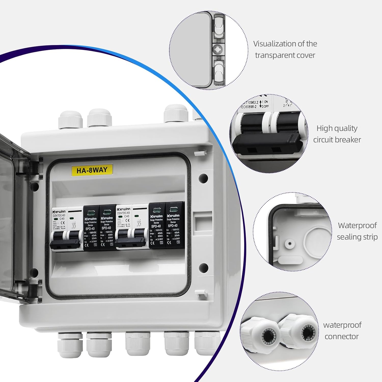 Solar Panel Disconnect Switch,40A 1000V RV Circuit Breaker Box with PV Surge Protector IP65 Waterproof 2 String 2 in 2 Out PV Combiner Box for Solar Panel