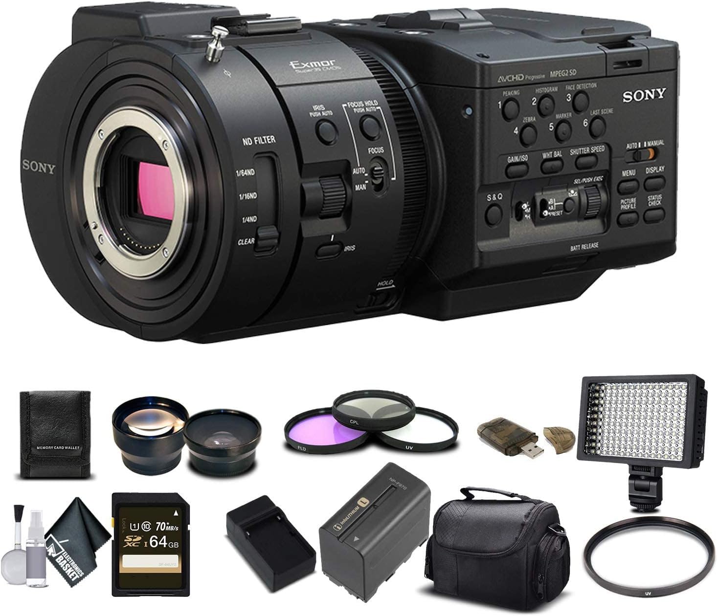 Sony NEX-FS700R Super 35 Camcorder with 64GB Memory Card, Extra Battery and Charger, UV Filter, LED Light, Case, Telephoto Lens, Wide Angle Lens, and More - Advanced Bundle (Renewed)