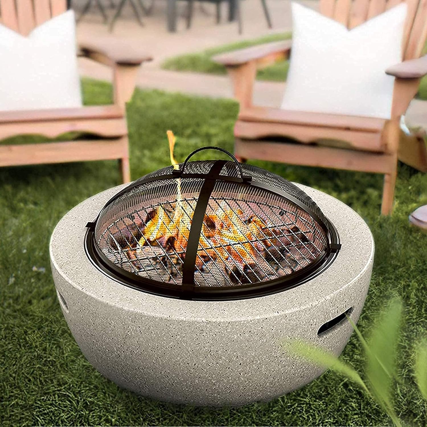 Fire Pit Outdoor Barbecue Grill,Fire Pit with BBQ Grill Shelf, Garden Patio Heater Charcoal Log Wood Burner Fire Bowl with an Edging of Artificial