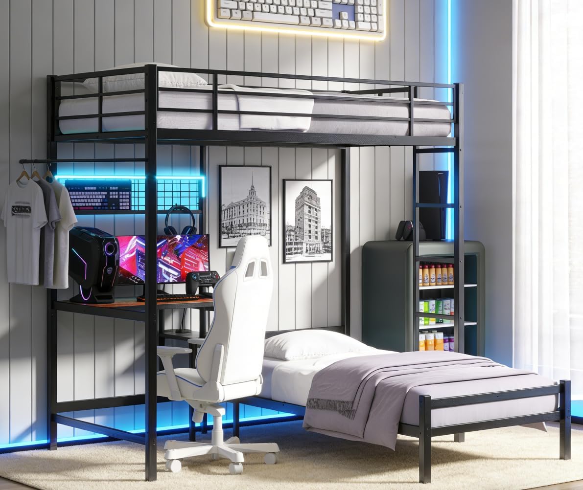 Bellemave Twin Over Twin bunk Bed with Desk and LED Charging Station, loft Bed with Desk and Shelves Drawer, Twin Over Twin Metal Bunk Beds with Storage, Black