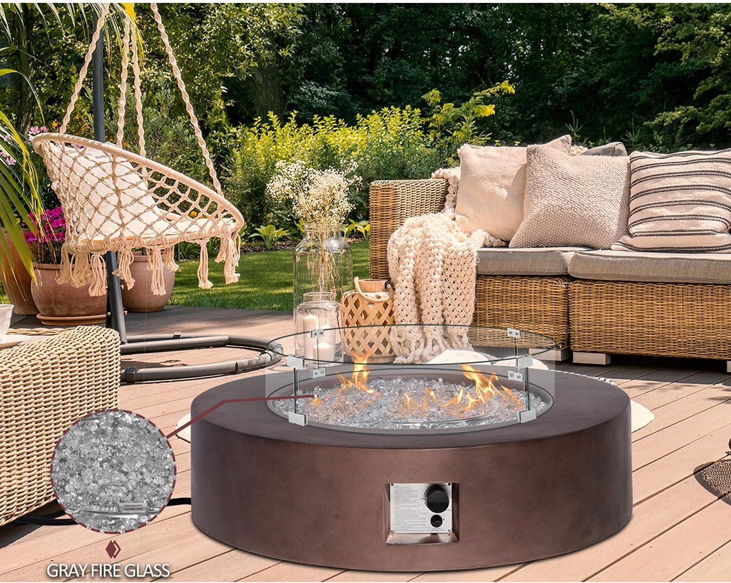 HOMPUS Propane Patio Fire Pit Table with Wind Guard, Fire Glass and Rain Cover for Outdoor Leisure Party, 50,000 BTU 42-inch Round Bronze Concrete Fire Table