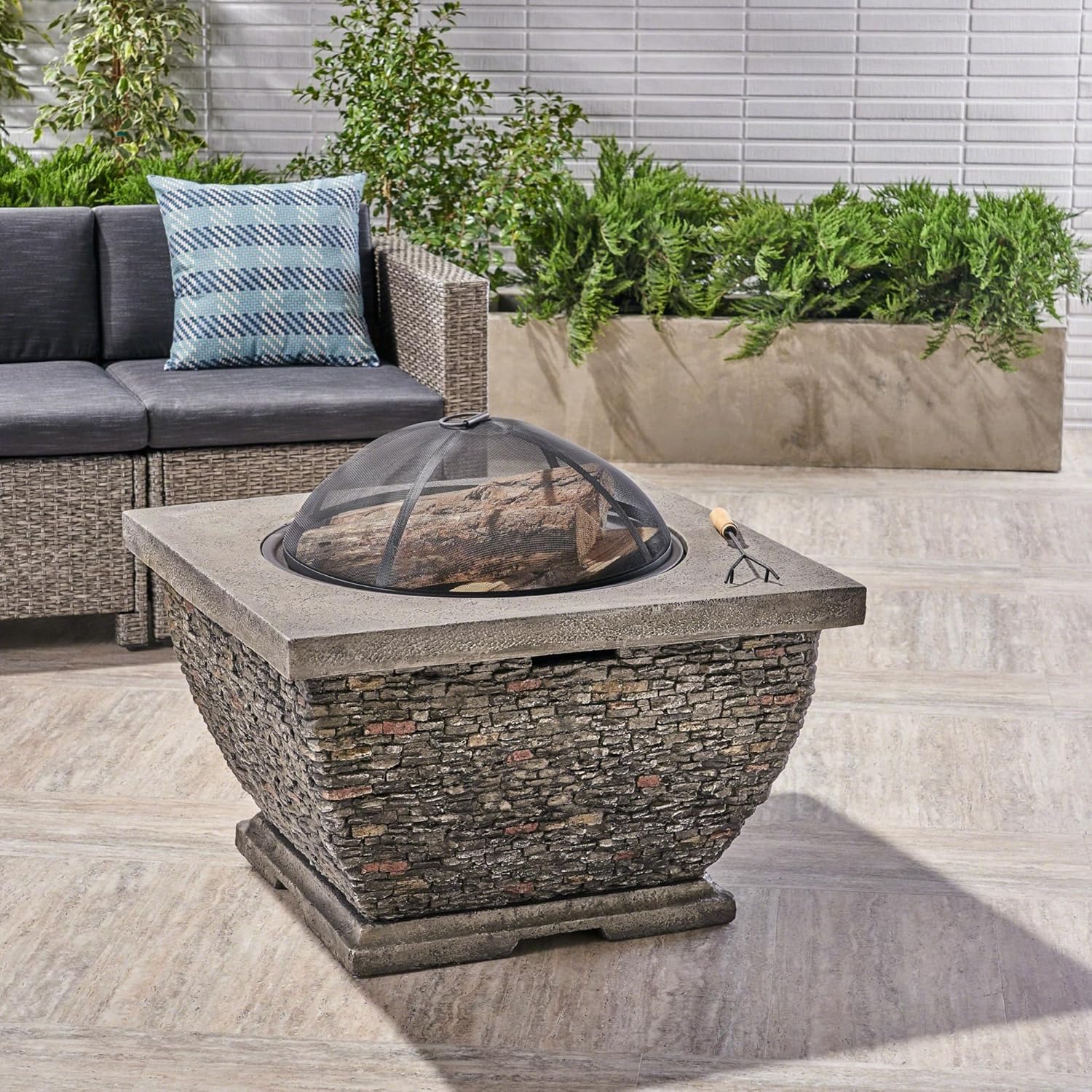 Chery Industrial 32 Inch Square Magnesium Oxide Wood Burning Fire Pit, Lightweight Concrete Outdoor Patio Backyard Firepit, Grey
