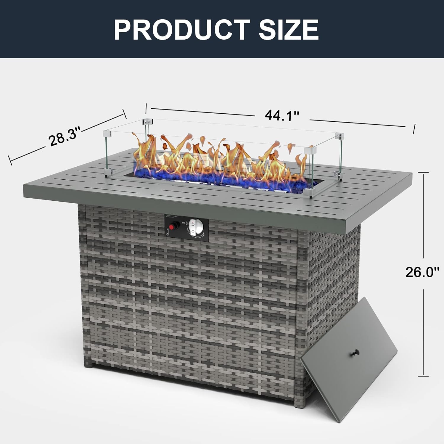 44 Inch Propane Gas Fire Pits Table for Outside Patio, 60000 BTU Rectangular Outdoor Wicker Rattan Fire Pit with Glass Wind Guard