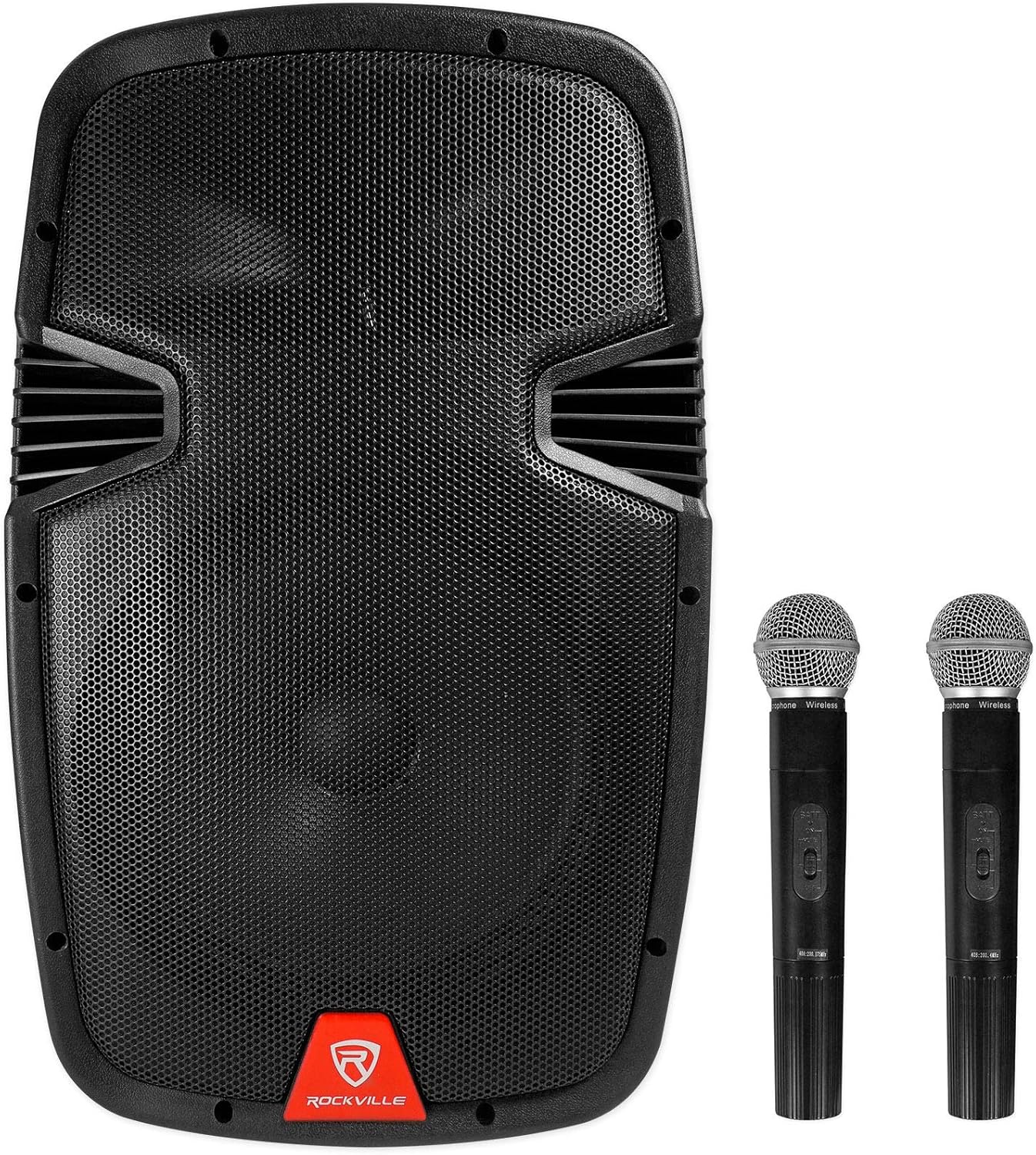 Rockville RAM12BT Bundle: 12-in Rechargeable Powered 600W Peak / 150W RMS DJ PA Speaker with Bluetooth and 2 Wireless Microphones, RVES05 Heavy Duty Tripod Pole-Mount Speaker Stand, 2-Items