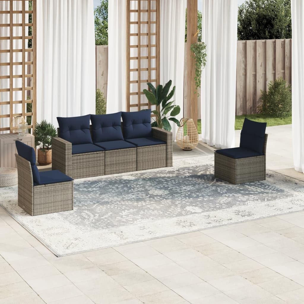 5 Piece Patio Sofa Set, Gray Poly Rattan Outdoor Furniture with Cushions, Modular Design for Backyard, Deck, Balcony, Weather-Resistant