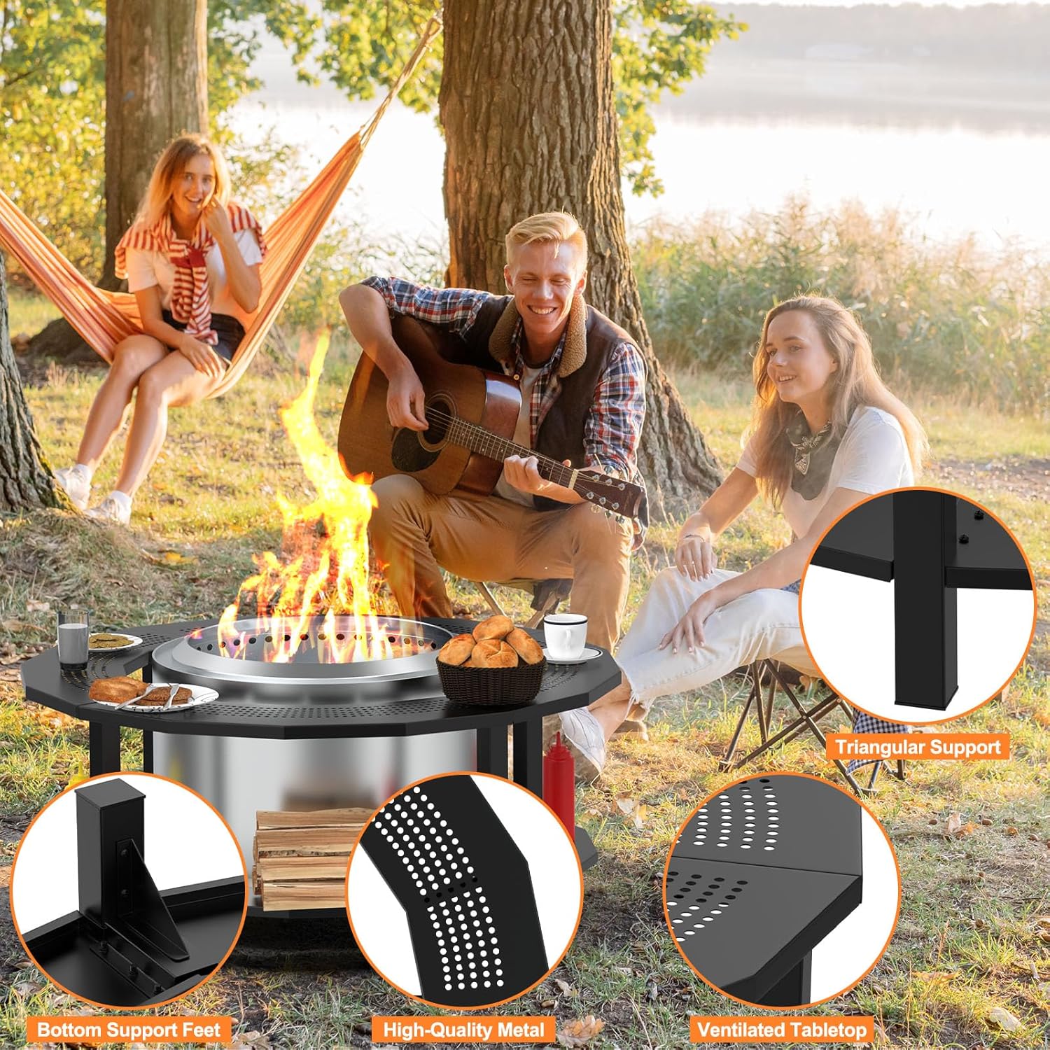 Fire Pit Surround Tabletop and Spark Protector Mesh Screenfor Solo Stove Yukon 27 Inch, Outdoor Smokeless Fire Pit Table for Wood Burning Fire Pits, Powder-Coated Steel Stove Table Surround with Cover