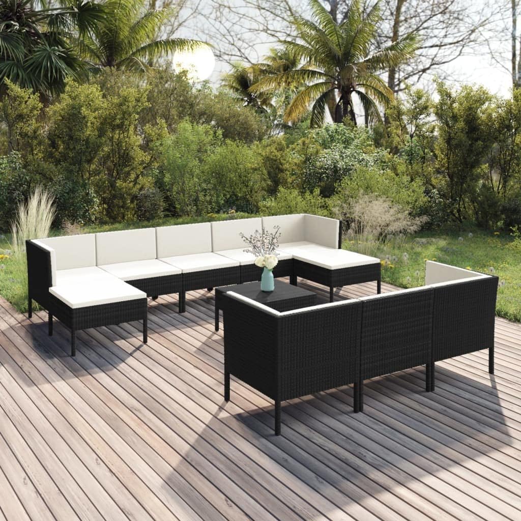 Garden Lounge Set Black, 11 Piece Outdoor Patio Furniture Set, PE Rattan Dining Table & Chairs for 6 People, Weather-Resistant, Powder-Coated Steel Frame