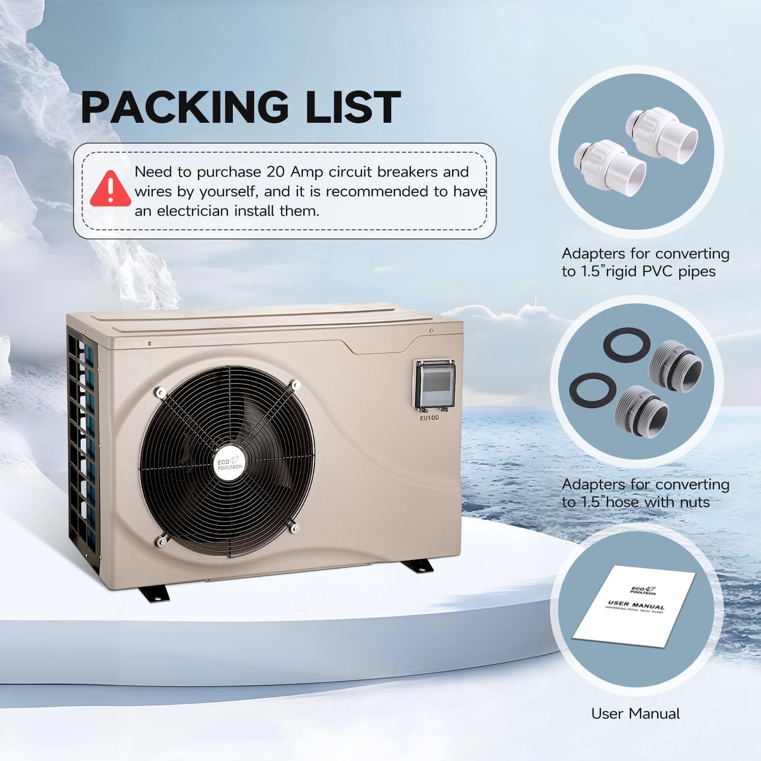 10000gallons Inverter Pool Heaters for Above Ground and Inground Pools, Max 38864BTU Electric Swimming Pool Heat Pumps for 8/15/20 ft Pool, 208V~230V/60Hz, Heating and Cooling Pool Heater