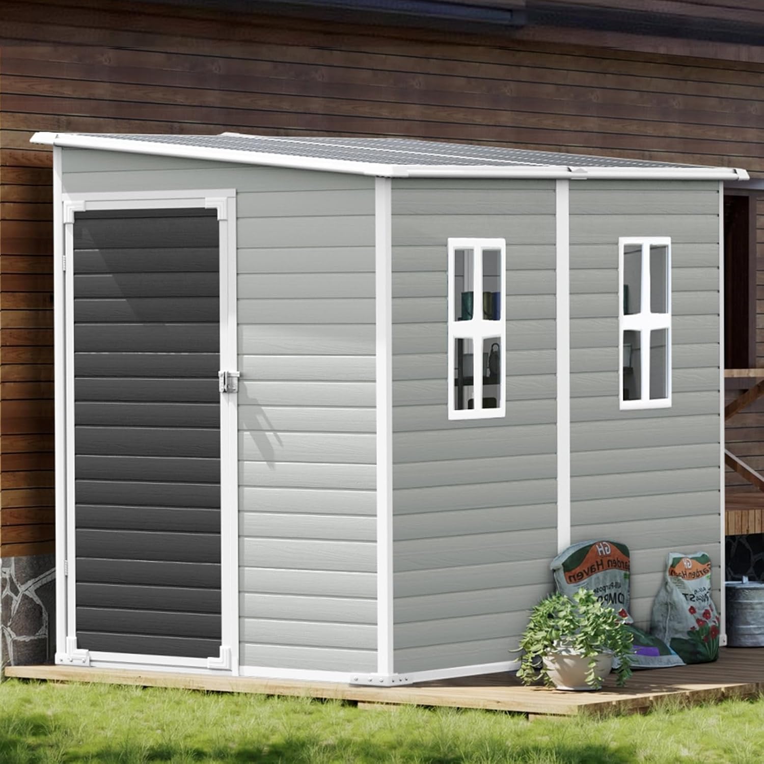 8x4x6 FT Resin Lean to Shed, Waterproof Outdoor Storage Shed with Floor, Window, Lockable Door & 2 Windows, Tool Shed for Patio Garden, Lawn, Backyard, Dove Grey