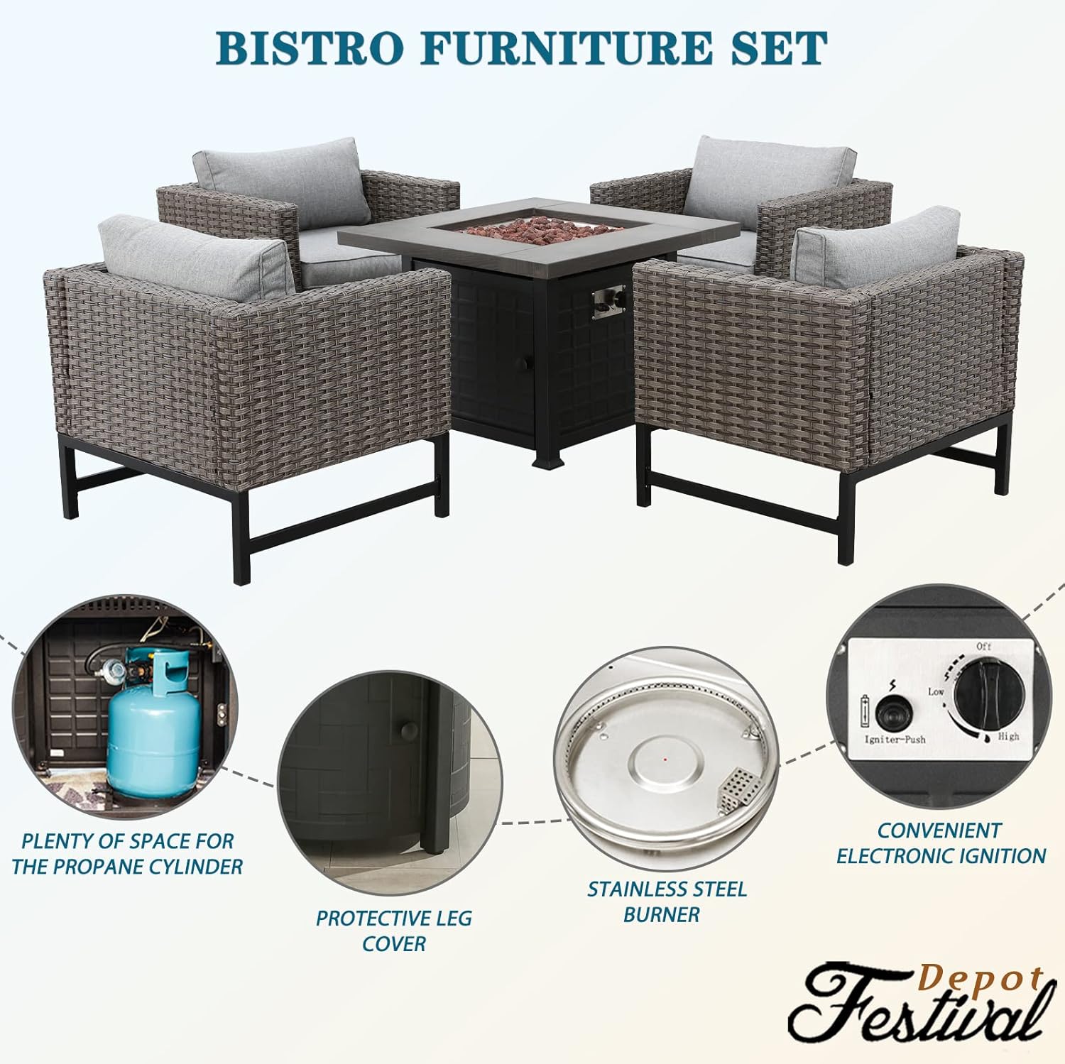 5 Pcs Outdoor Fire Propane Pit Conversation Set, 4 Patio Dining X Wicker Armchair Chairs with Cushions Metal Frame and 34 inch 50000 BTU Auto-Ignition Square Propane Gas Fire Pit Table