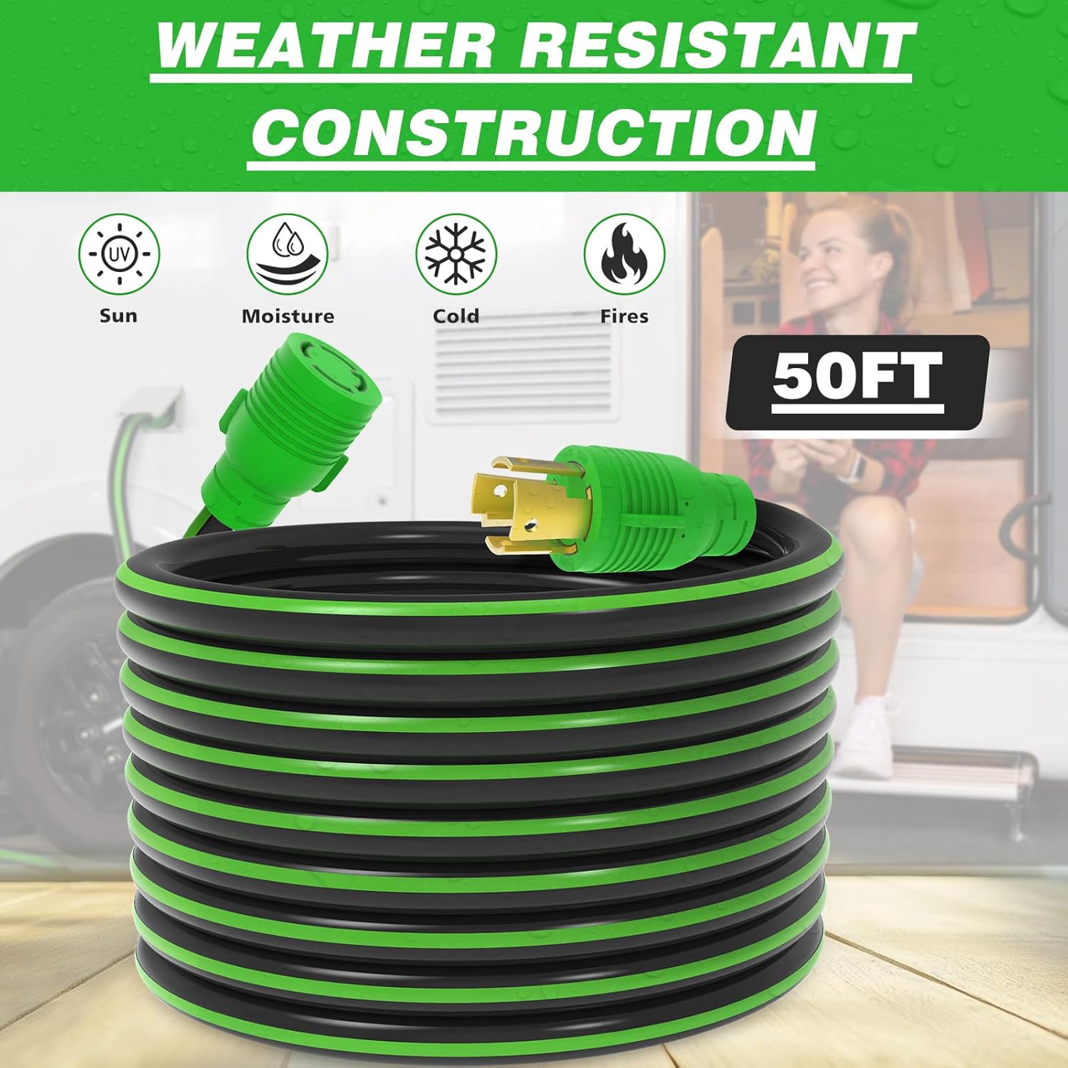4 Prong 30 Amp Extension Generator Cord 50FT, NEMA L14-30P/L14-30R Standard Plug, 125/250 Volt Up to 7500 Watts, Twist Lock Power Cord for Manual Transfer Switch (Black&Green)