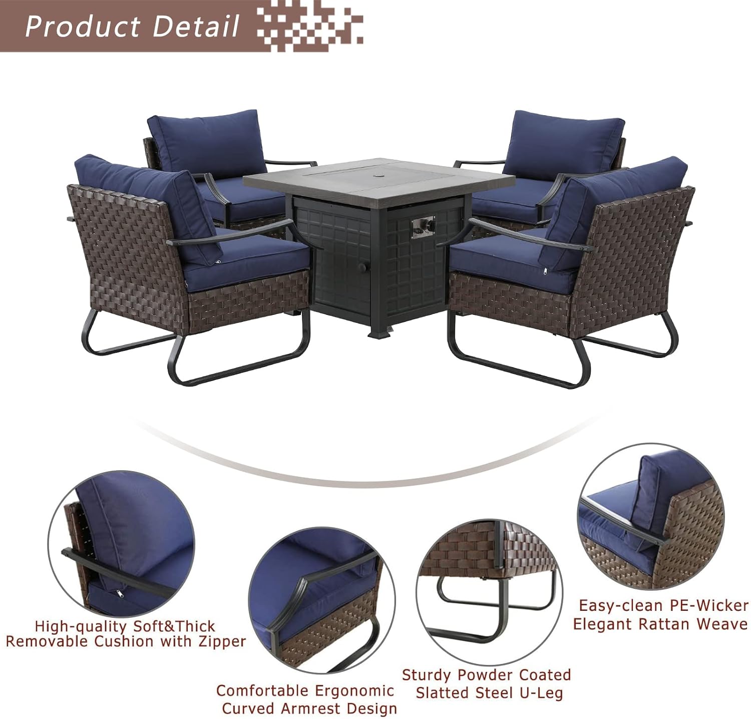 Festival Depot Fire Pit Table Set of Propane Fire Table and 4 Wicker Chairs with Thick Cushions for Patio Rattan Outdoor Furniture, CSA Certification, blue