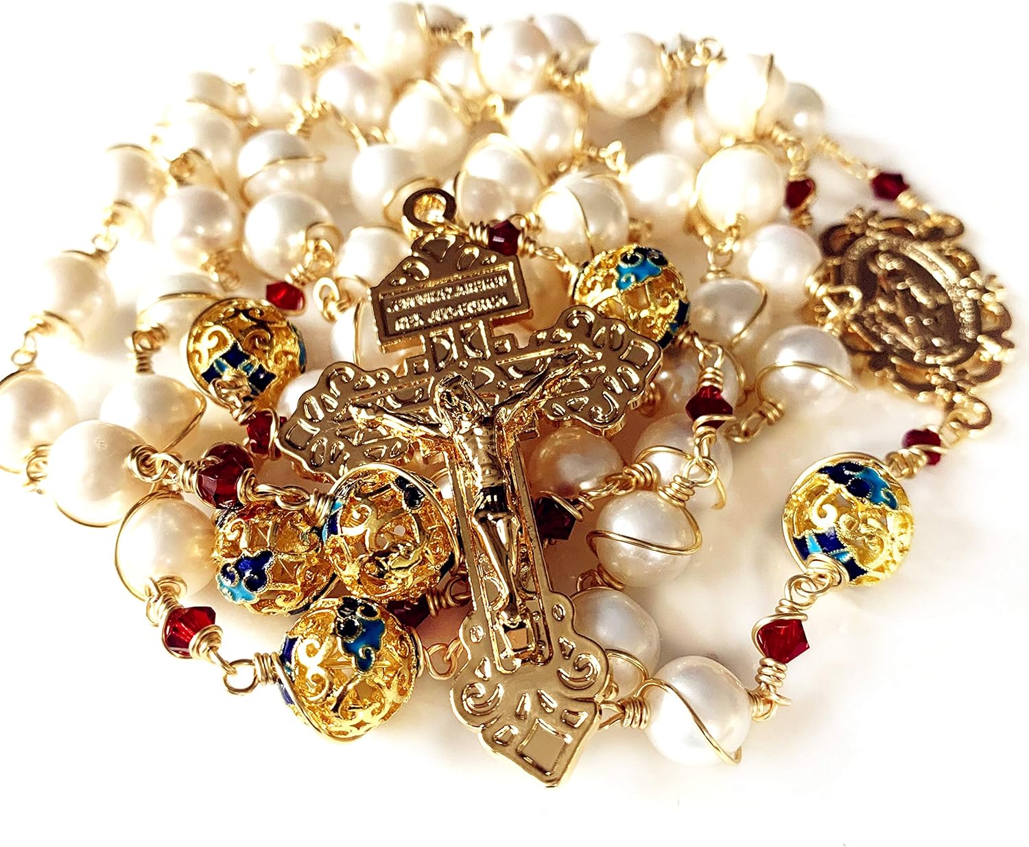 elegantmedical HANDMADE Gold Wire Wrapped Bead AAA White 10mm Real Pearl Rosary Cross NECKLACE BOX