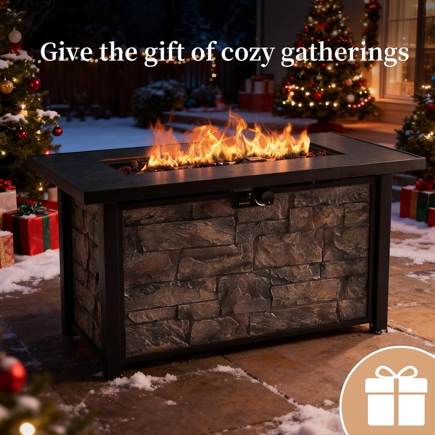 48'' Propane Fire Pit Table, 50000 BTU Outdoor Gas Fire Pit, Patio Heater with Stone Panel, Ceramic Tabletop & Aluminum-Coated Steel Tube Legs, Lava Rocks, Metal Lid and Rain Cover for Outside Patio