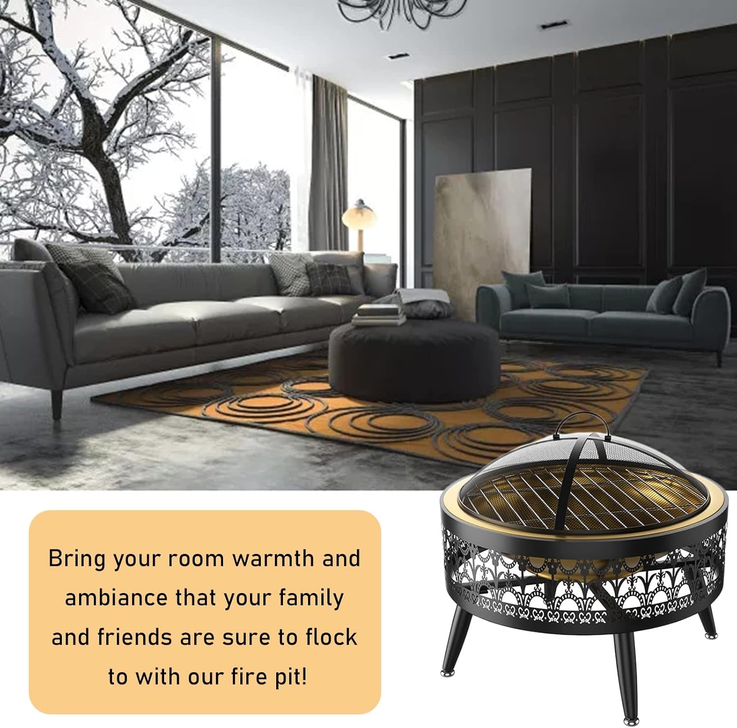 LXLZYXSF Indoor Outdoor Wood Burning Fire Pit for Living Room Porch Patio Deck, Metal Round Camping Picnic Fire Basin Bowl, 20.6