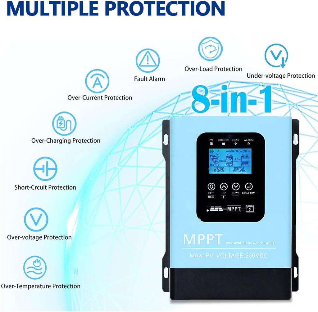 120A MPPT Solar Charge Controller,12V 24V 36V 48V 60V 72V 84V 96V Solar Battery Regulator PV Max 230V for Sealed Lead Acid Gel and Lithium Battery