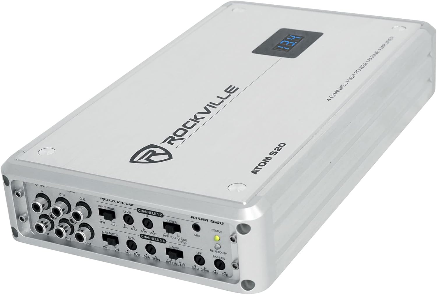 Rockville Atom S20 1600W 4-Channel Marine Amplifier with Bluetooth, PA Mic, Class AB, Adjustable Crossover, Rustproof, for Boats and Marine Sound Systems