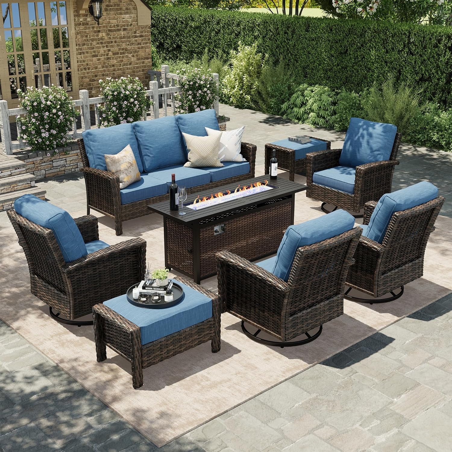 HERA'S HOUSE 8-Piece Outdoor Furniture Set with Fire Pit Table, Patio Conversation Set with 5.5-Inch Thick Cushions & High Back Swivel Chairs, All-Weather Wicker Deep Seating Sofa with Ottomans, Blue
