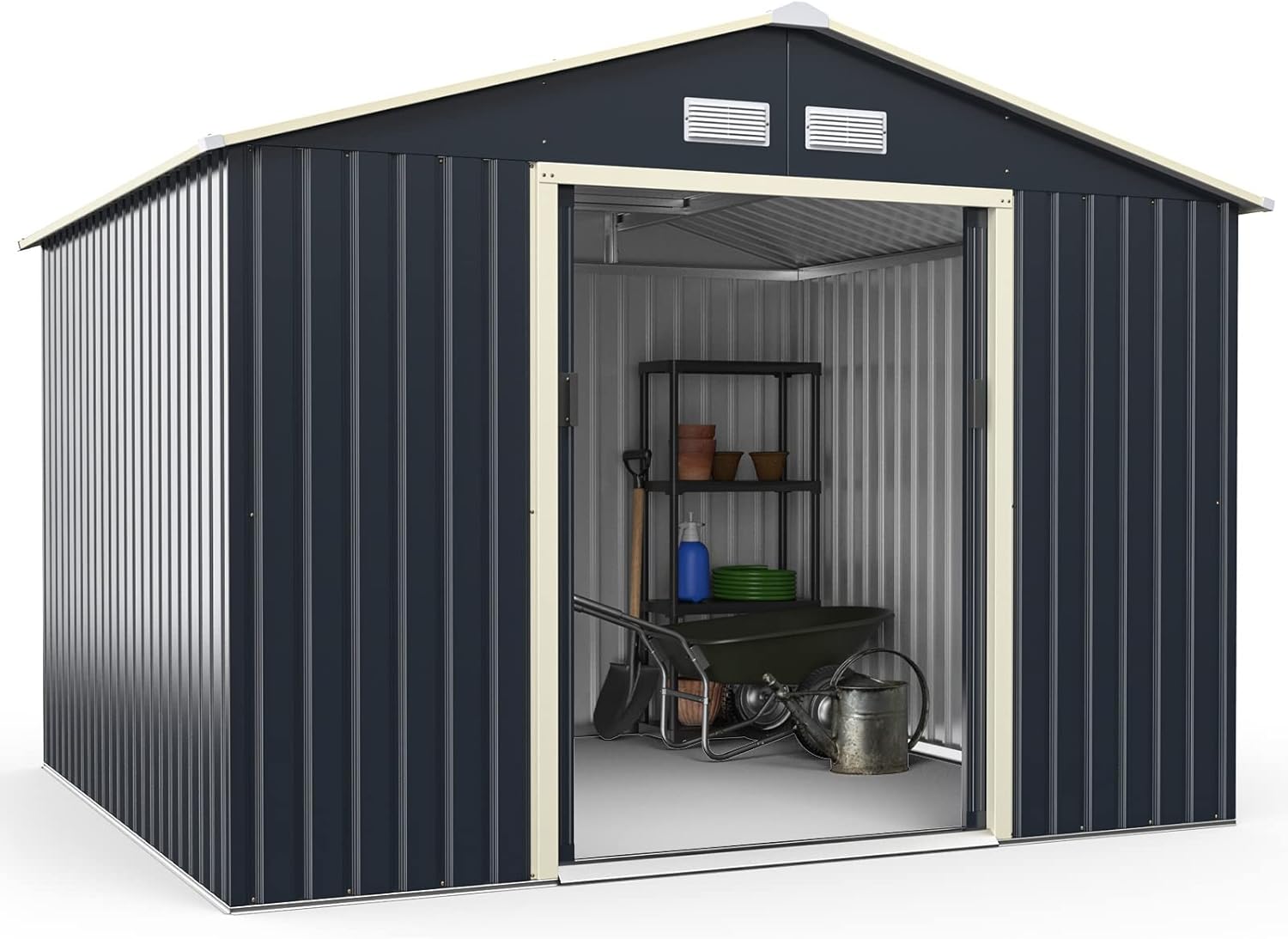 Goplus Storage Shed, Metal 9' X 8' Outdoor Building Organizer with 4 Vents & Double Sliding Door for Garden Backyard Farm (9'X8')