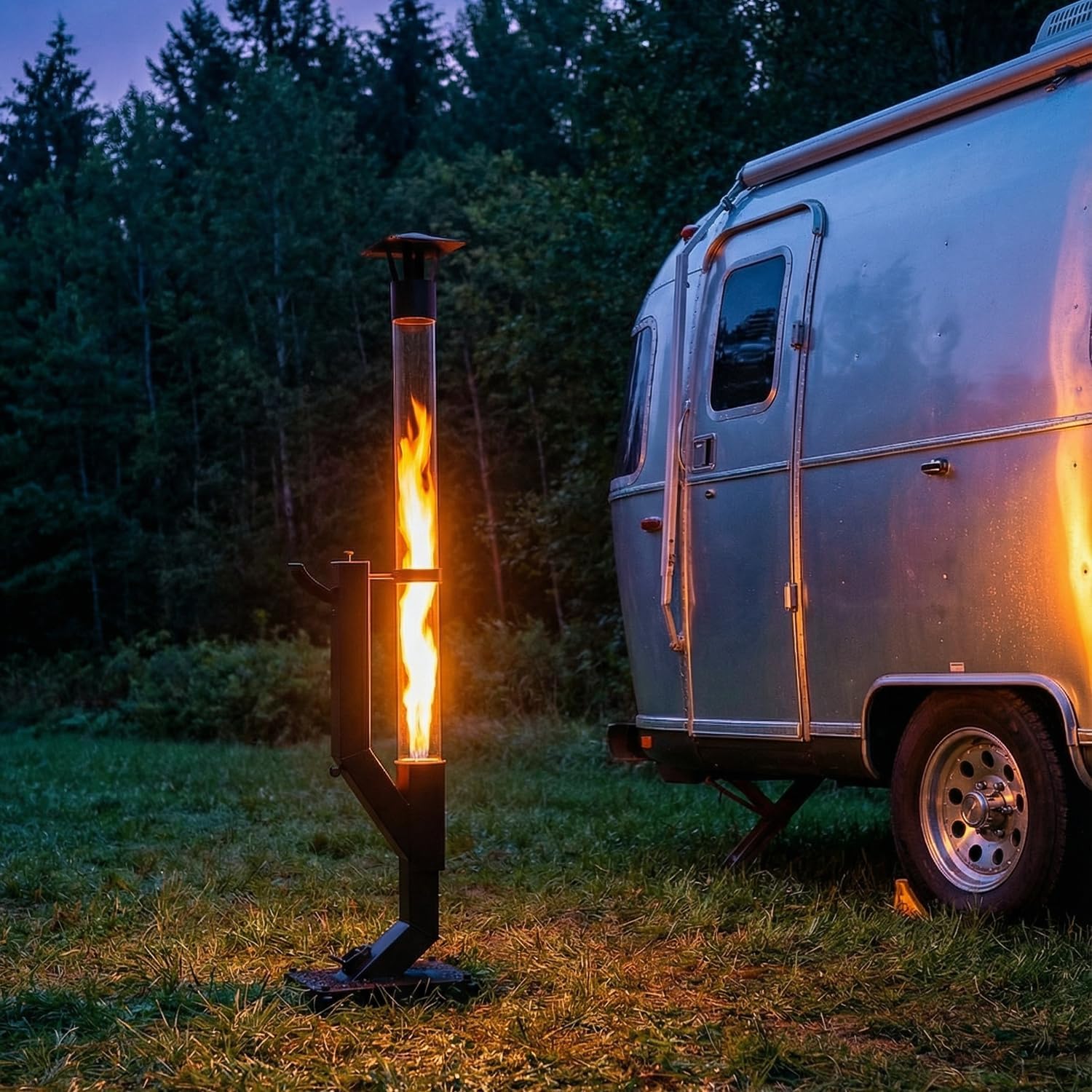 Eco Flame Smokeless Wood Pellet Fire Pit & Patio Heater, Portable Outdoor Rocket Stove with Glass Tube and Ash Tray for Backyard, Camping, Beach, Garden - Stainless Steel Premium