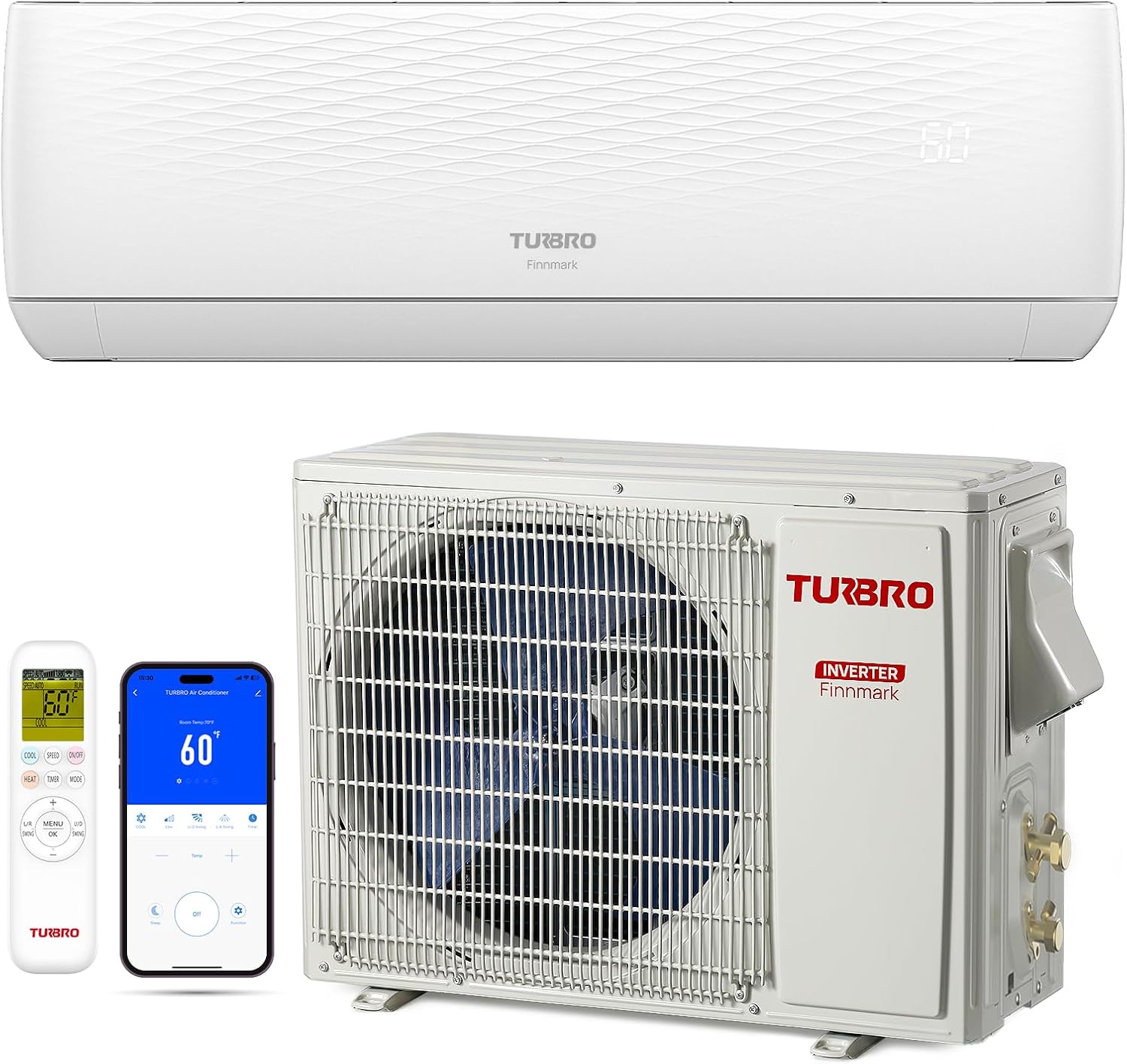 TURBRO 9,000 BTU Ductless Mini Split AC with Heat Pump, Inverter Compressor, 19 SEER2, 115V, R32 Refrigerant, Pre-charged Evaporator, WiFi-Enabled, Works with App, AHRI Certified, Finnmark Series