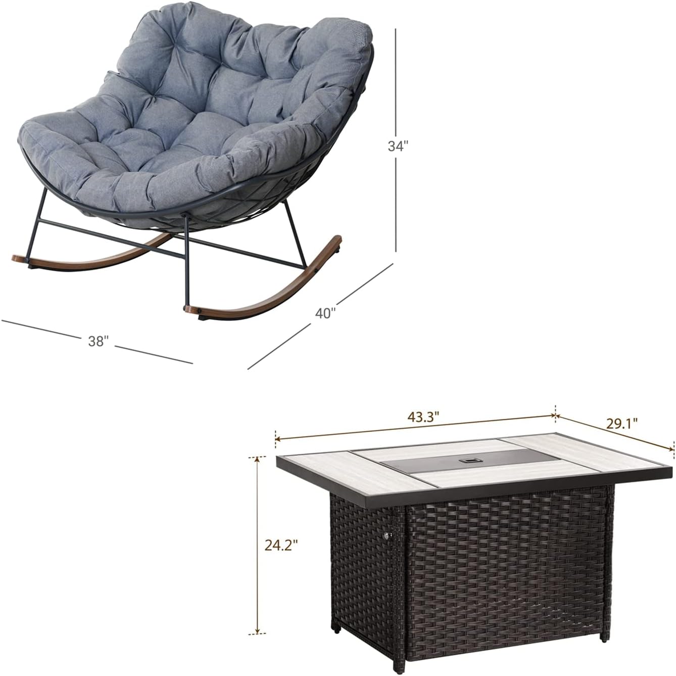 Grand patio Rocking Chair Set of 3, Rectangular Propane Fire Pit Table with Resin Wicker Base and Ceramic Tabletop, Royal Rocking Chairs with Padded Cushion and Faux Woodgrain Base