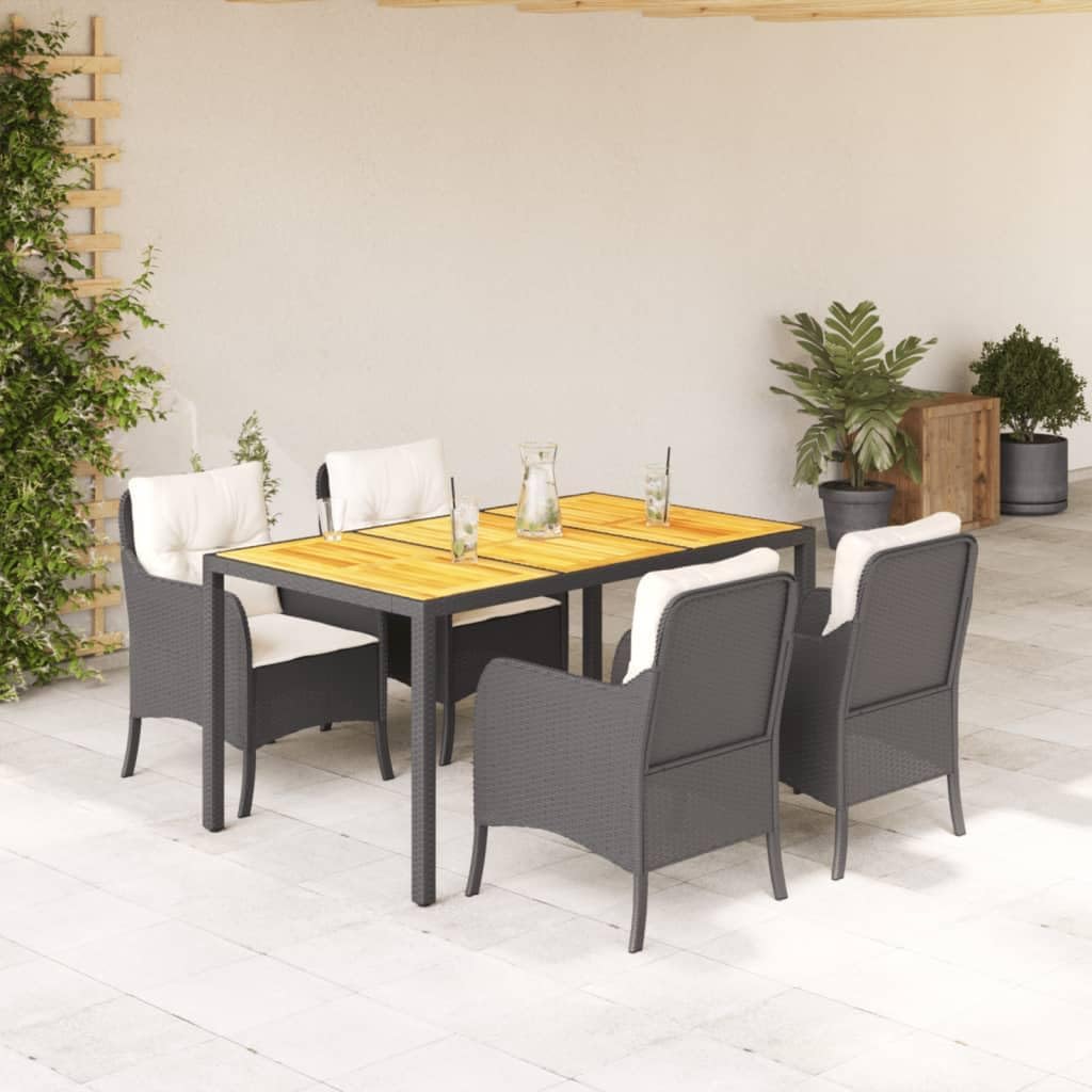 5 Piece Patio Dining Set with Cushions Black Poly Rattan Garden Furniture