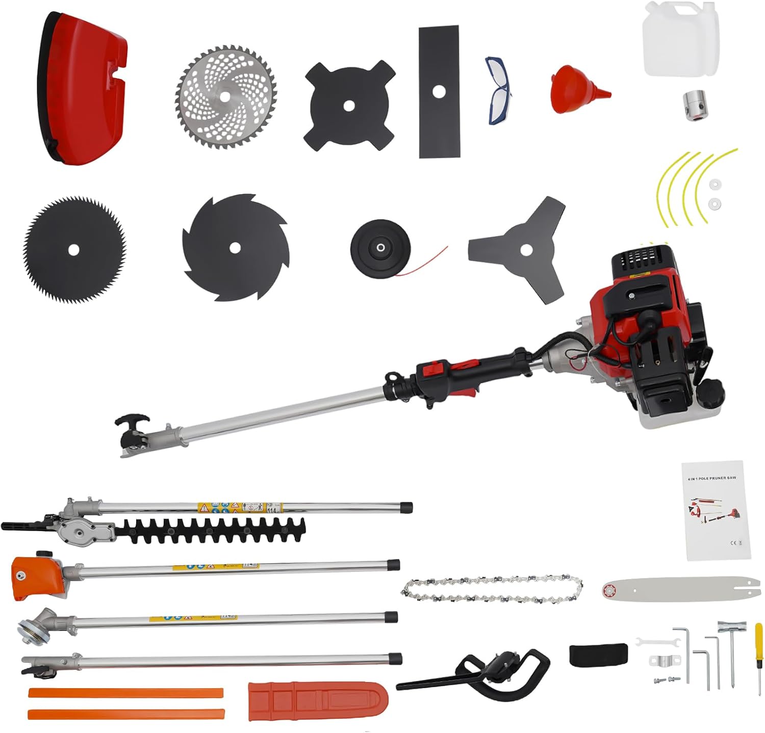 52cc Gas Powered Weed Trimmer 5 in 1 Gas Weed Wacker Handheld Hedge Trimmer 2-Stroke Air-Cooled Gasoline Engine Grass Edger Brush Cutter Pole Saw for Grass and Bush