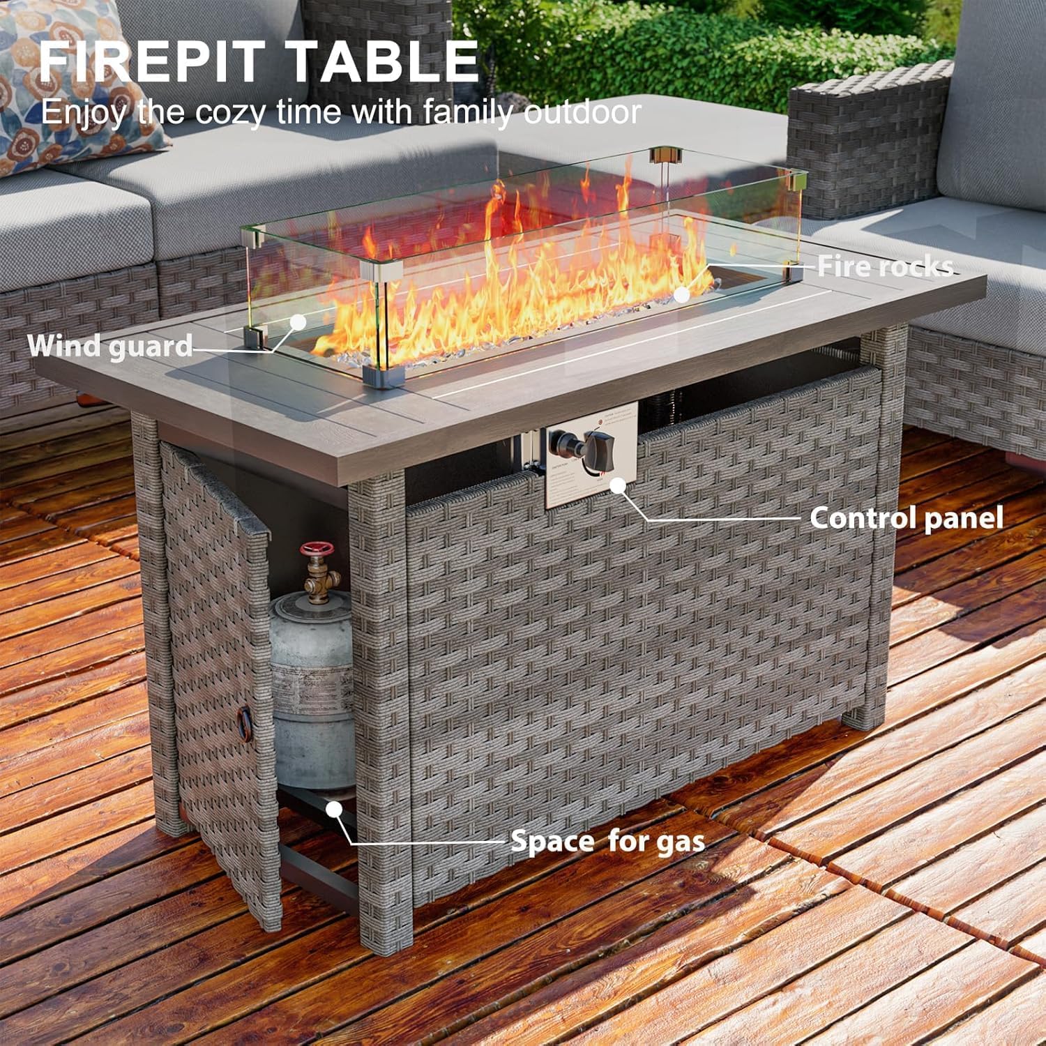 Restland 44” Propane Fire Pit Table 60000 BTU Rectangle Outdoor Fire Pit Table with Wind Guard & Waterproof Cover CSA-Certified Rattan Gas Firepit for Patio, Party, Backyard
