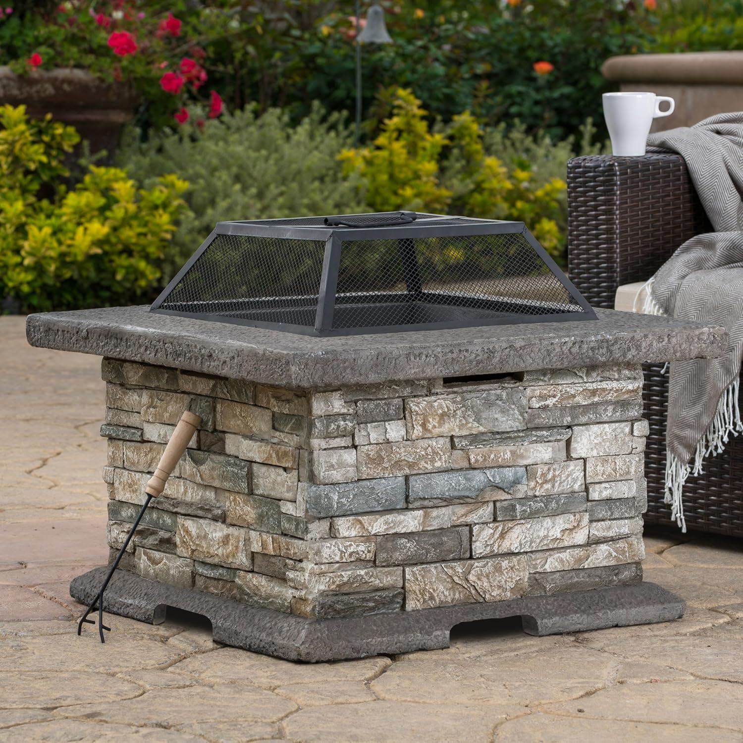 LifeSky Outdoor Stone Fire Pit - Modern Square Fire Pit with Spark Screen & Poker Tool for Backyard & Patio - Durable Engineered Stone & Iron Design for Outdoor Gatherings & Relaxation