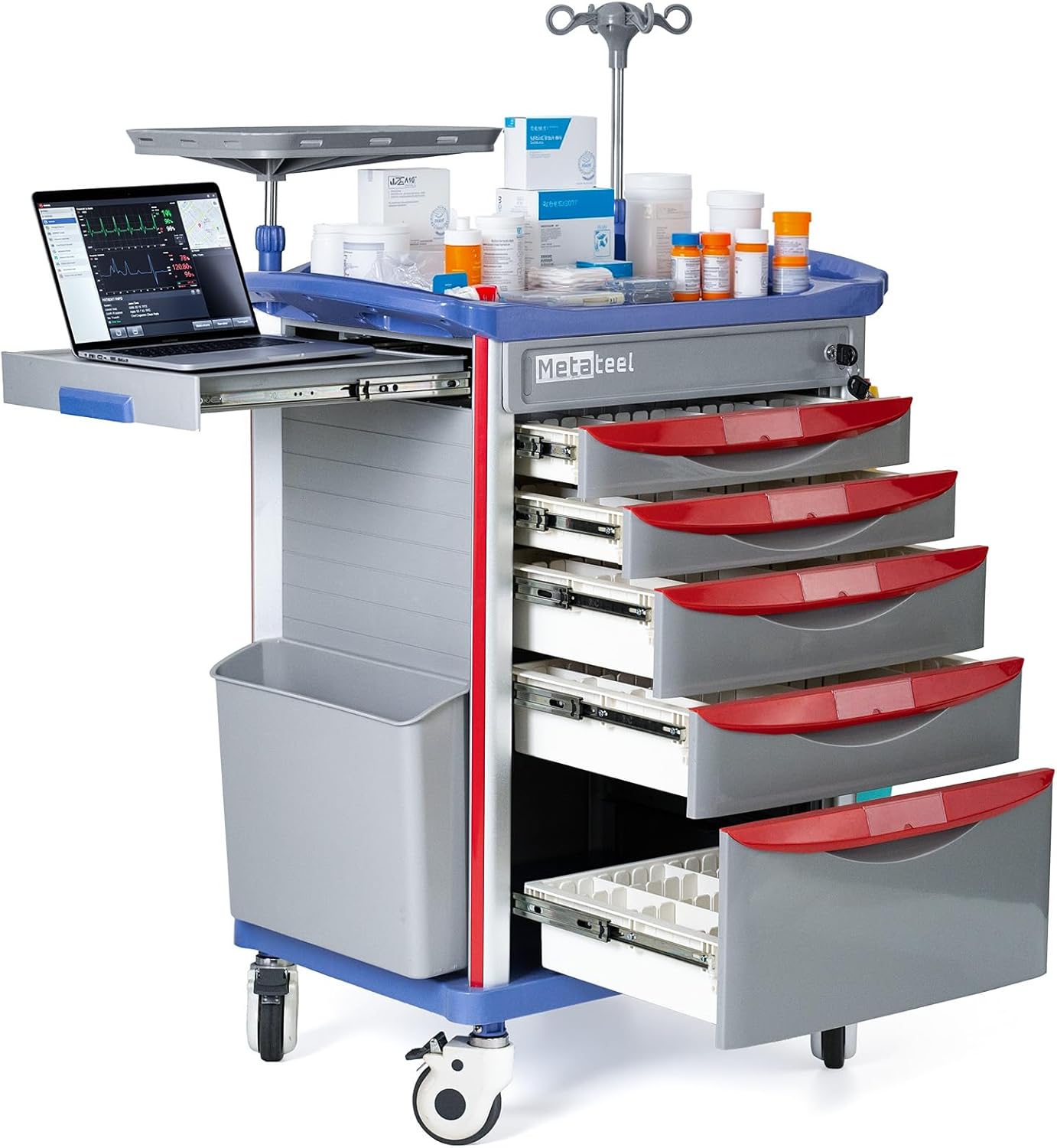 Medical Crash Cart with Emergency Accessory - Cardiac Board, IV Pole, O2 Holder, Power Strip, Trash Bin, Drawers with Dividers, Lite Emergency Hospital Crash Cart for Hospitals and Clinics