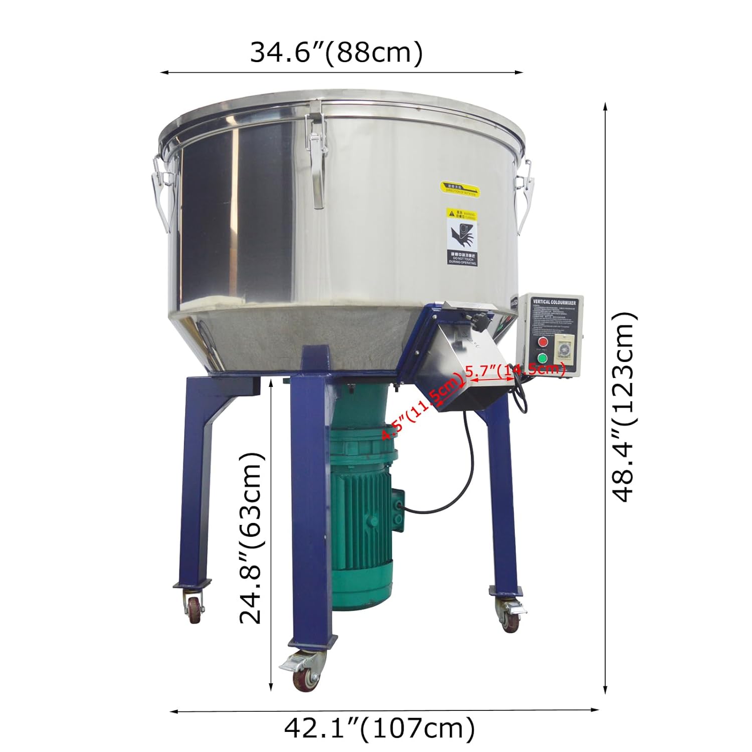 220V 4KW Vertical Color Mixing Machine Three Phase Industrial Plastic Granule Blender Mixer with 331lb Stainless Steel Mixing Tank 48rpm