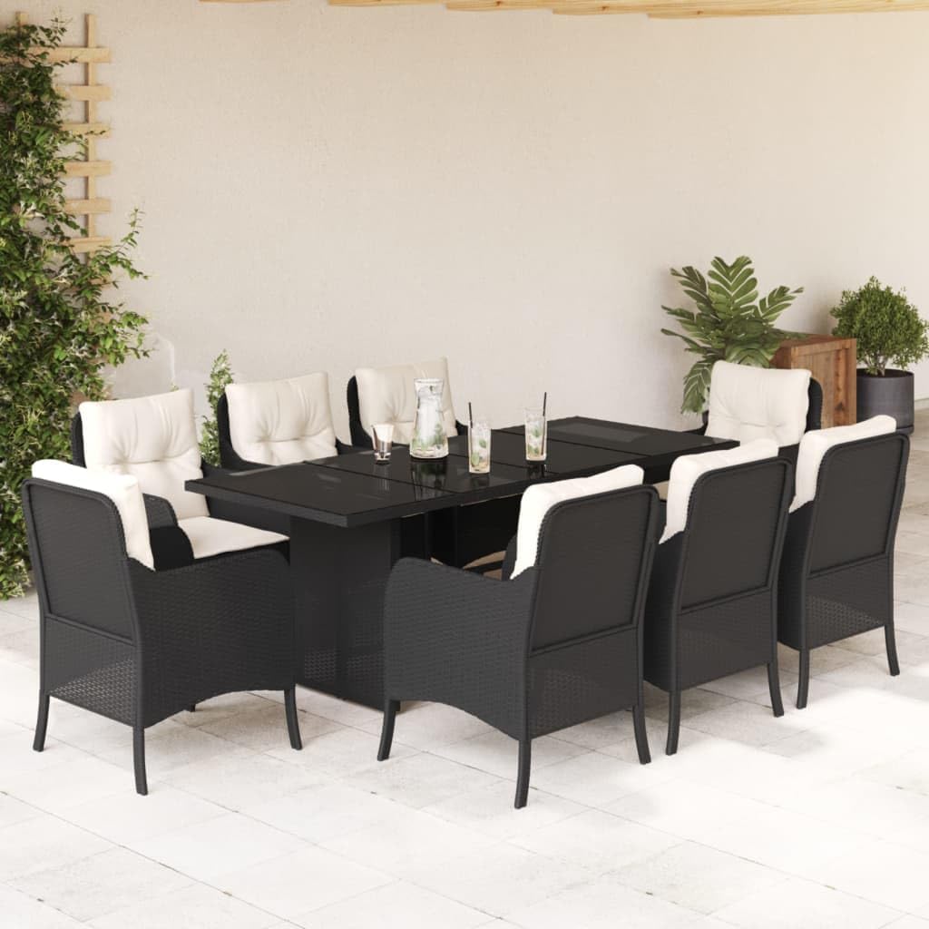 Furniture Sets 9 Piece Patio Dining Set with Cushions Black Poly Rattan,Stylish Outdoor Dining Set: Enjoy Al Fresco Dining with Durability and Comfort Garden Conversation Sets