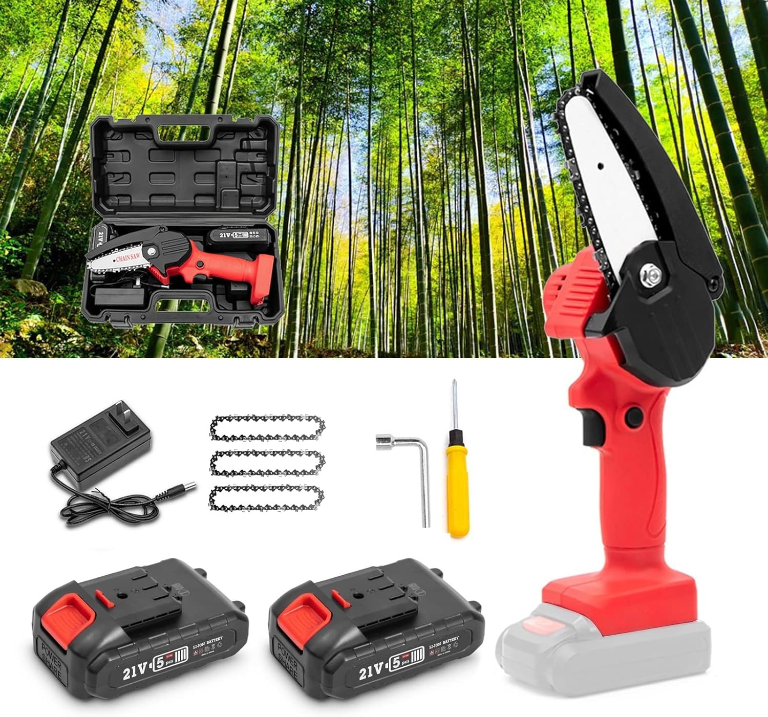 Cordless Mini Chainsaw 4-Inch with Security Lock,Power Chain saws with 1500mAh 21V 1.5Ah 2 Batteries Powered Kit and 4Pcs Chains,for Tree Trimming Wood Cutting