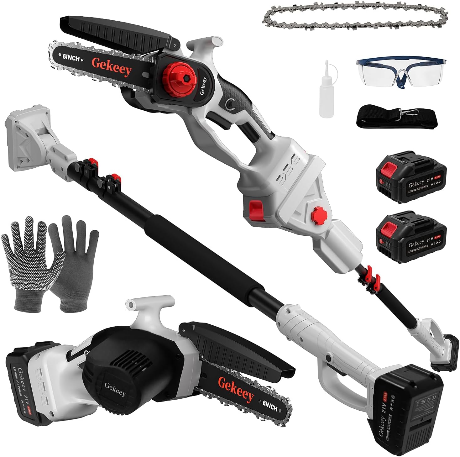 2-in-1 Electric Pole Saw for Tree Trimming, 6 Inch Cordless Mini Chainsaw with Max 15 FT Extension Pole, Battery Powered Pole Chainsaw with 2PCS 4.0 Ah Batteries, Adjustable Head for Gradening